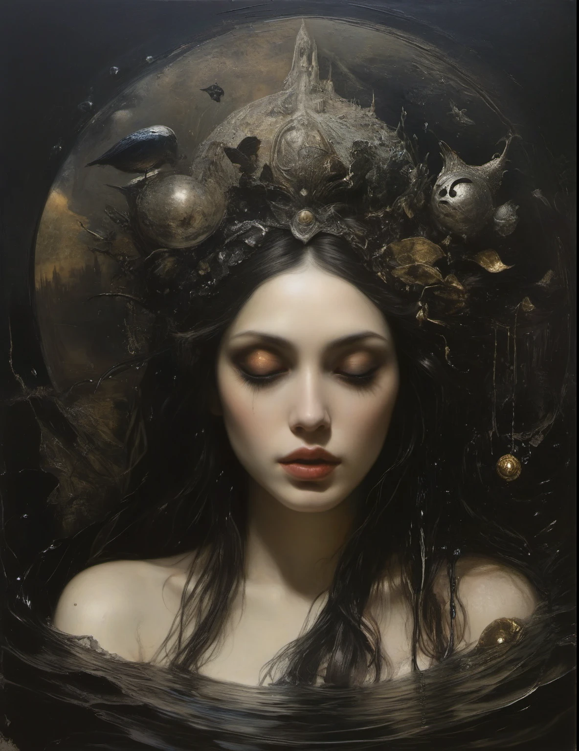 James Gurney, Surrealist art , dream-like, Mysterious, Provocative, symbolic, Complex, detailed,, (Gothic but very beautiful:1.4), (masterpiece, highest quality:1.4) , Nicola Samori Style, Goddess-like mermaid