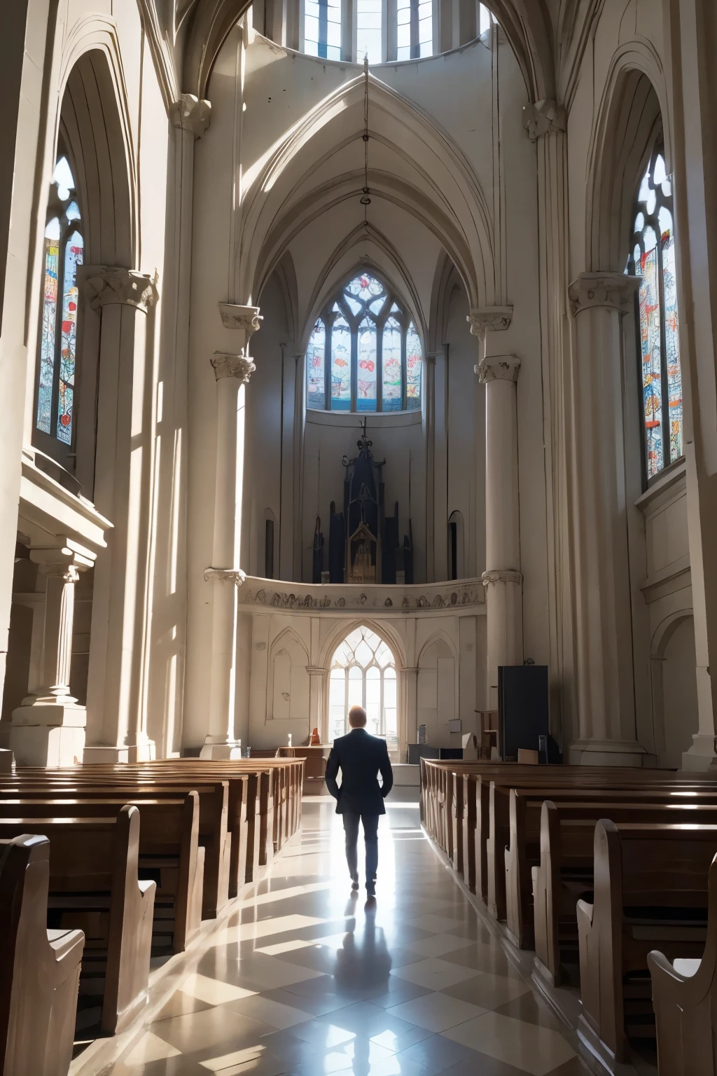 (best quality,4k,8k,highres,masterpiece:1.2),ultra-detailed,(realistic,photorealistic,photo-realistic:1.37),black and white photo,dramatic contrast,strong contrast,church window,sunlight streaming in,wearing a hat,adult man,full-body silhouette,standing facing the window,tiny silhouette,striking contrast,shadow,shadows on the chairs at both sides of the church,subtle shades,light and shadow play,powerful composition,impressive visual impact,monochromatic,colorless,highlights and shadows,depth,contrast enhancement,historical,melancholic atmosphere,Catholic church,gothic architecture,solitude,awe-inspiring,image of resilience and strength,darkness and light,religious symbolism,quiet contemplation