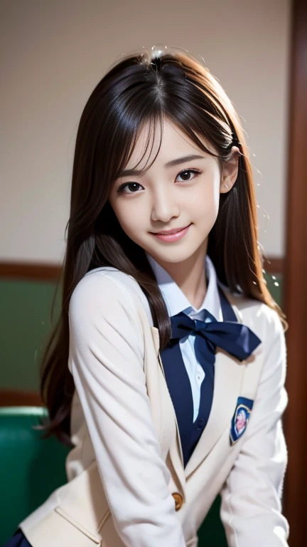 Pieces fly、highest quality、figure、 Very detailed、Fine details、 High resolution、8K Dende Wallpaper、Perfect dynamic composition、Beautiful 17 year old girl、Neat and clean high school girl、Beautiful face in every detail、Beautiful eyes in every detail、Textured skin、smile、Small breasts、School Blazer Uniform、Gravure idol pose、