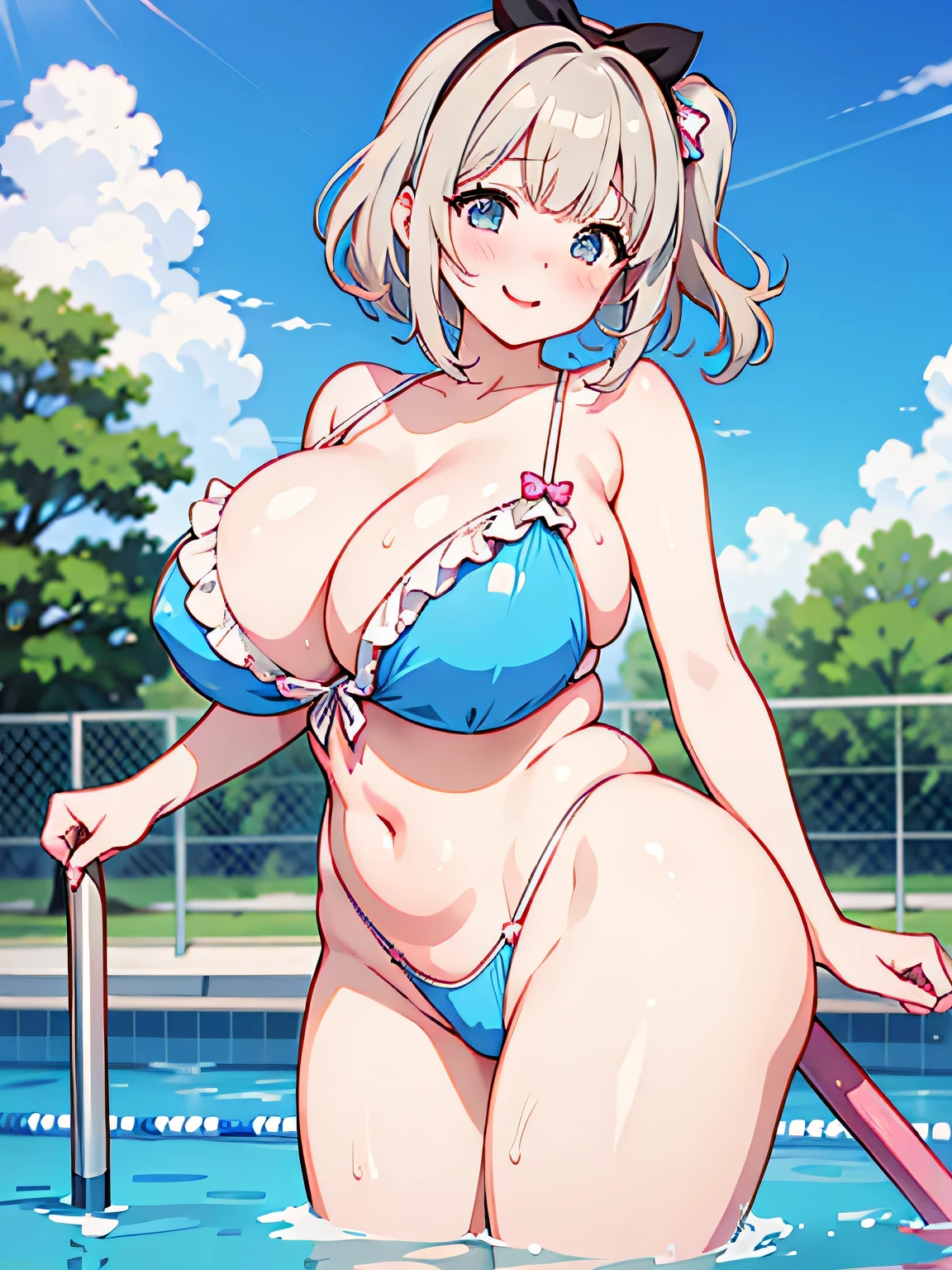Erotic Anime Illustration、highest quality、Voluptuous gravure idol、Poolside、Swimsuit、Seductive smile、Very large breasts、Very thick legs、Sweaty、Kaguya Luna