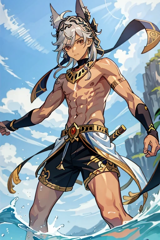 Tied up　fight　masterpiece　juvenile　Tea Skin　Brown Skin　Swimwear　Gray Hair　Slanted Eyes　Glare　Slender　male　Fighting Pose　Ryona　thin