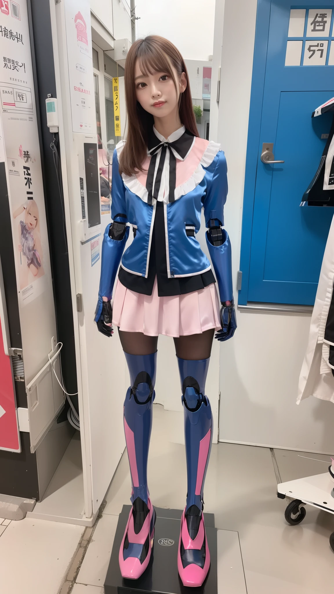 Costume like a idol, blue and white half sleeve Jacket, pink satin ruffled blouse, White and pink stripe pleated skirt, robot