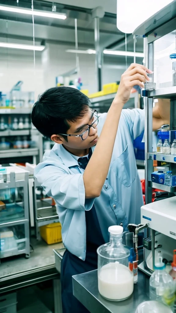 An indonesian man chemist, standing in the picture, doing chemistry procedures