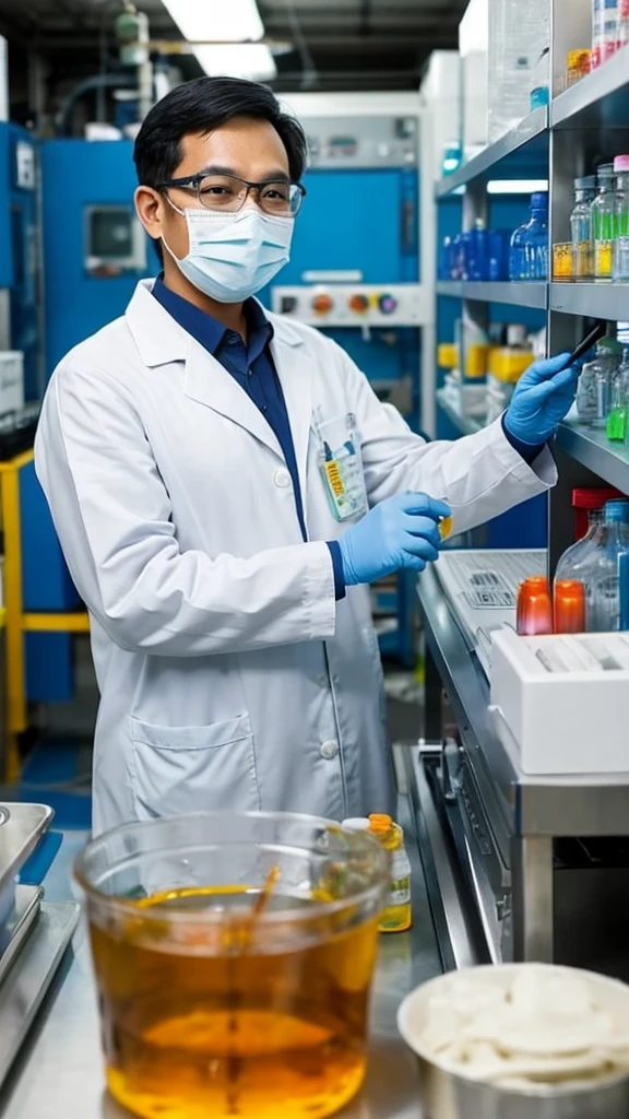 An indonesian man chemist, standing in the picture, doing chemistry procedures