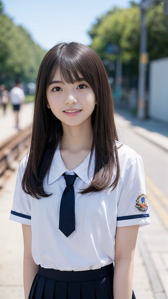 (masterpiece, highest quality:1.2), 8k, 12才のFull nudityの女の子, 85mm,Official AR RAW Photos, スーパースリムなスレンダーbeautiful girl, (When I flipped up my navy blue miniskirt、下Half BodyFull nudity、Short sleeveの白シャツ、Show me your ears、Naked girls photoshoot、Full nudity, Cute face, close, Half Body, Bio Race, Gardenia, beautiful girl, , Thighs, Short sleeve, Tied to the station platform with a rope, Looking at the audience, No makeup, (Big smile), Film Grain, chromatic aberration, Sharp focus, Face Light, Bright lighting, 10 generations, Detailed face, Background blur, (Dark red tie:1.1)、((((((12-year-old girl))))))、((((((12才のFull nudity女子高生)))))、Narrow waist、Embarrassing pose、Shy and nervous girl