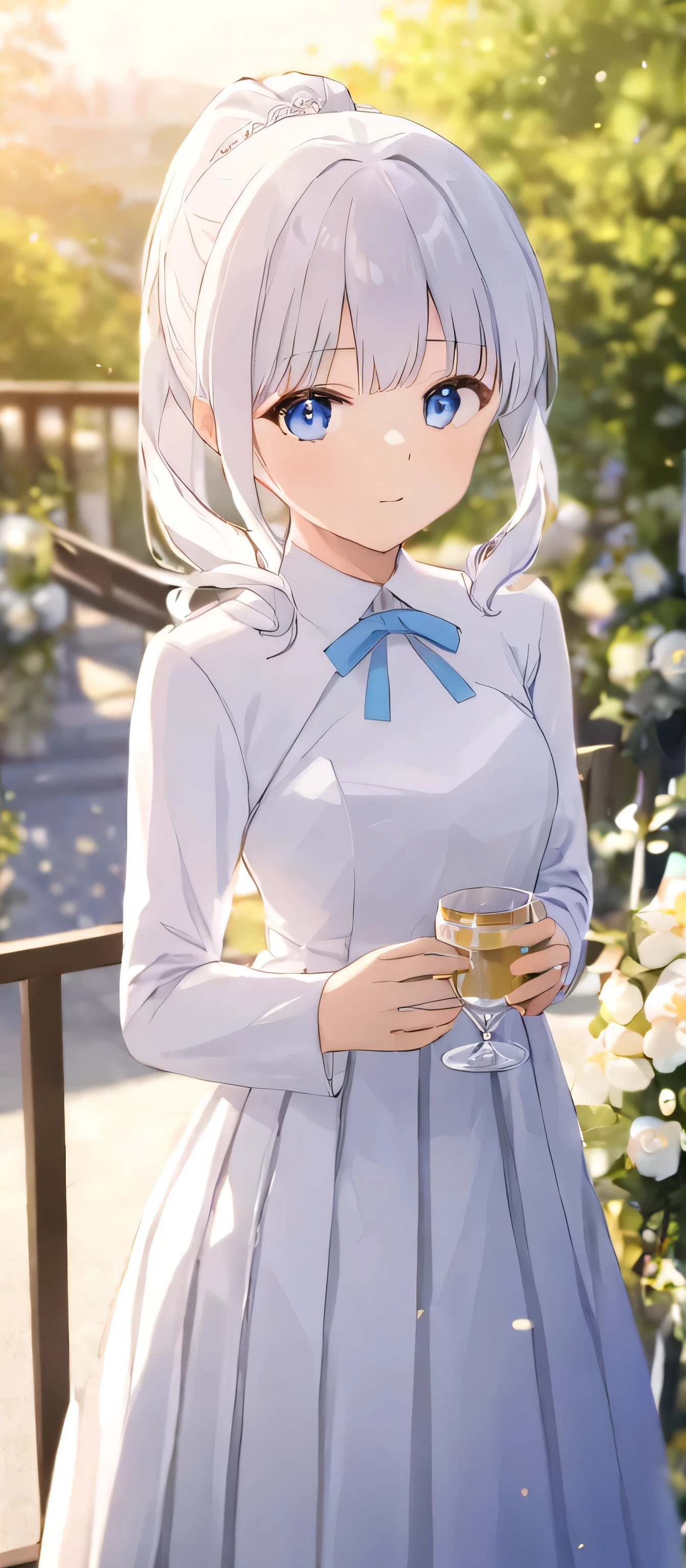 1girl, mature_girl, wedding_dress, solo, inoue_takina, pony_tail, one-tone_dress, pleated_dress, blue_eyes, dress, white_dress, outdoors, bangs, white_hair, looking_at_viewer, closed_mouth, long_sleeves, white_dress, wedding_ceremony, hand_holding_glass_cup, day, ornament_wedding, blurry_background, blurry, flowers, railing