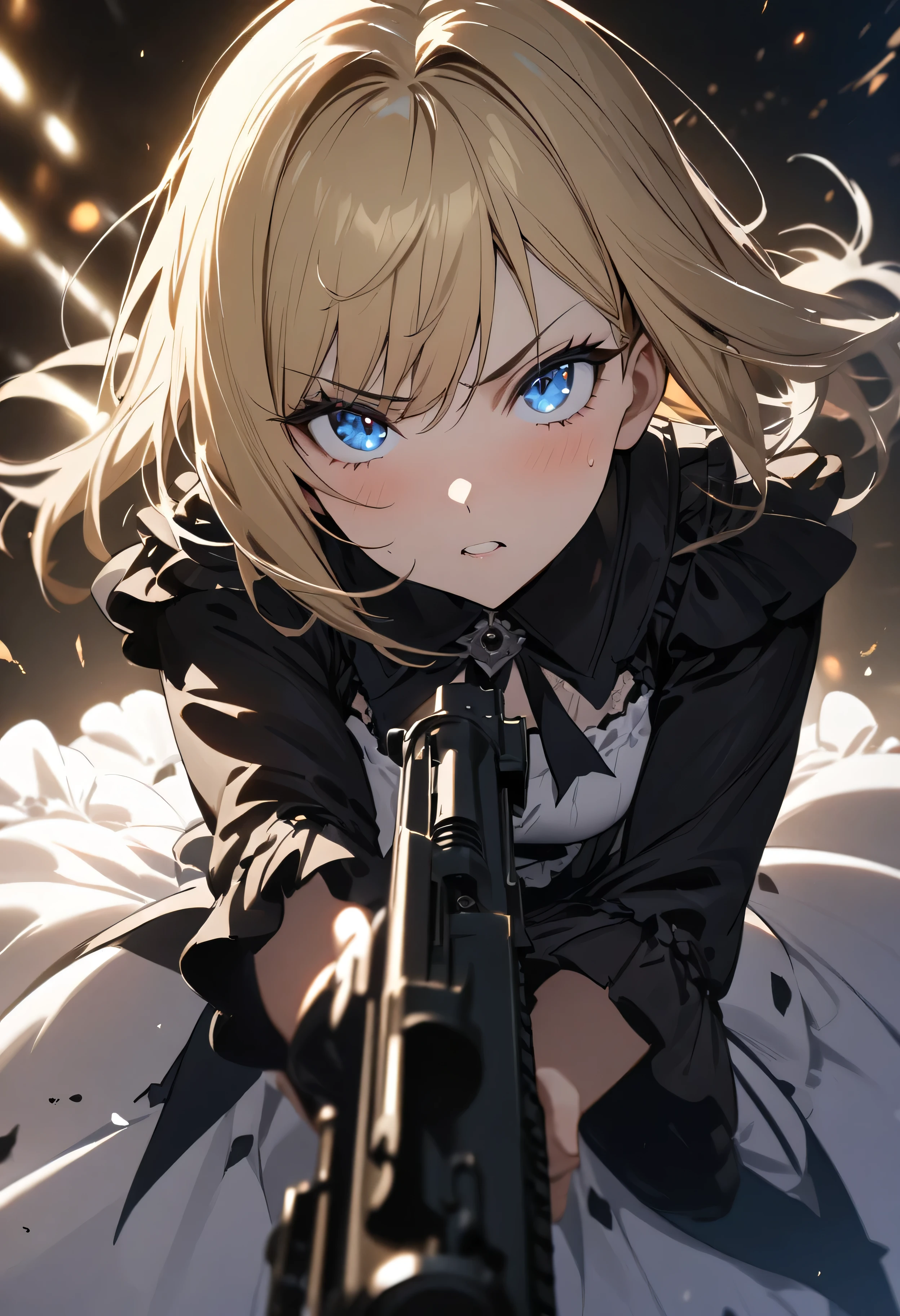 (masterpiece:1.2), (highest quality:1.2), Perfect Eyes, Perfect Face, Perfect lighting, One girl,bob,blonde hair,blue eyes, Dressed as a goth girl, Black and white dress, Frills, ribbon,Assault rifle,gun action,fighting