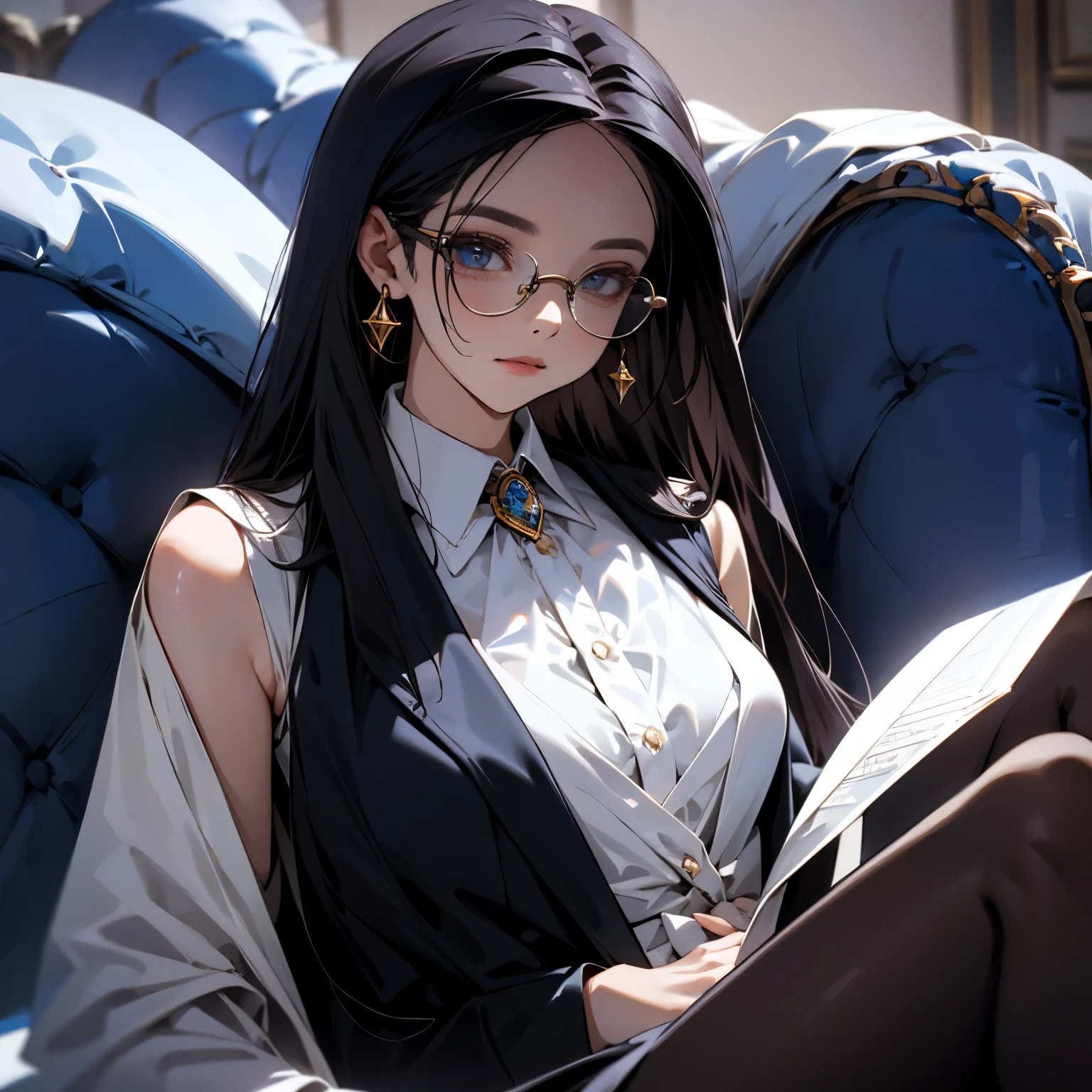 Omega female, pake ivory skin color, long black hair, sapphire eyes, wearing a suit, wearing glassess