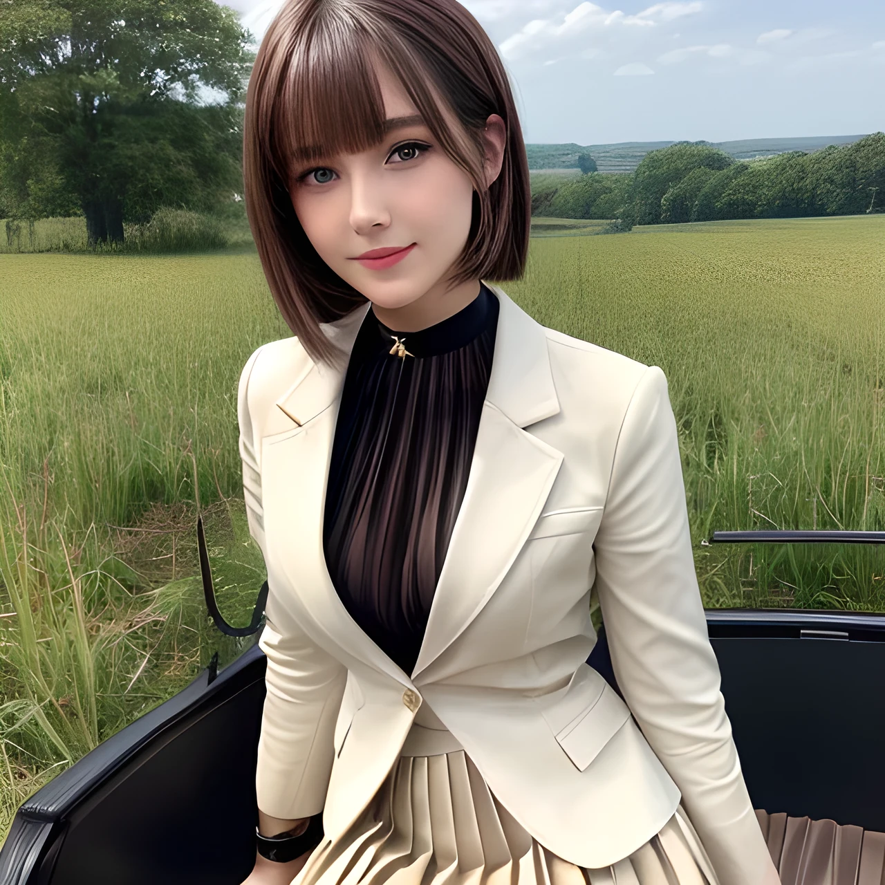 masterpiece, Front view, Cute Japanese aristocratic woman, (輝くBrown Hair, Straight Long Hair), ((Ivory business jacket, Pleated mini skirt)), Very cute face, Glossy Lips, Double eyelids on both eyes, Natural Makeup, Brown Hair, Asymmetrical bangs, High resolution, Attention to detail, Detailed hairstyle, Detailed face, Octane Rendering, Ultra-realistic, Perfect limbs, ((Black choker)), blue eyes, (Big Breasts), ((Slim body:1.5)), Cool Beauty, ((Slim face)), smile, Mature Woman, Browsing Caution:-1.2, Long, Bushy Eyelashes, Cleavage, ((Rural outskirts)), carriage, Get off the carriage