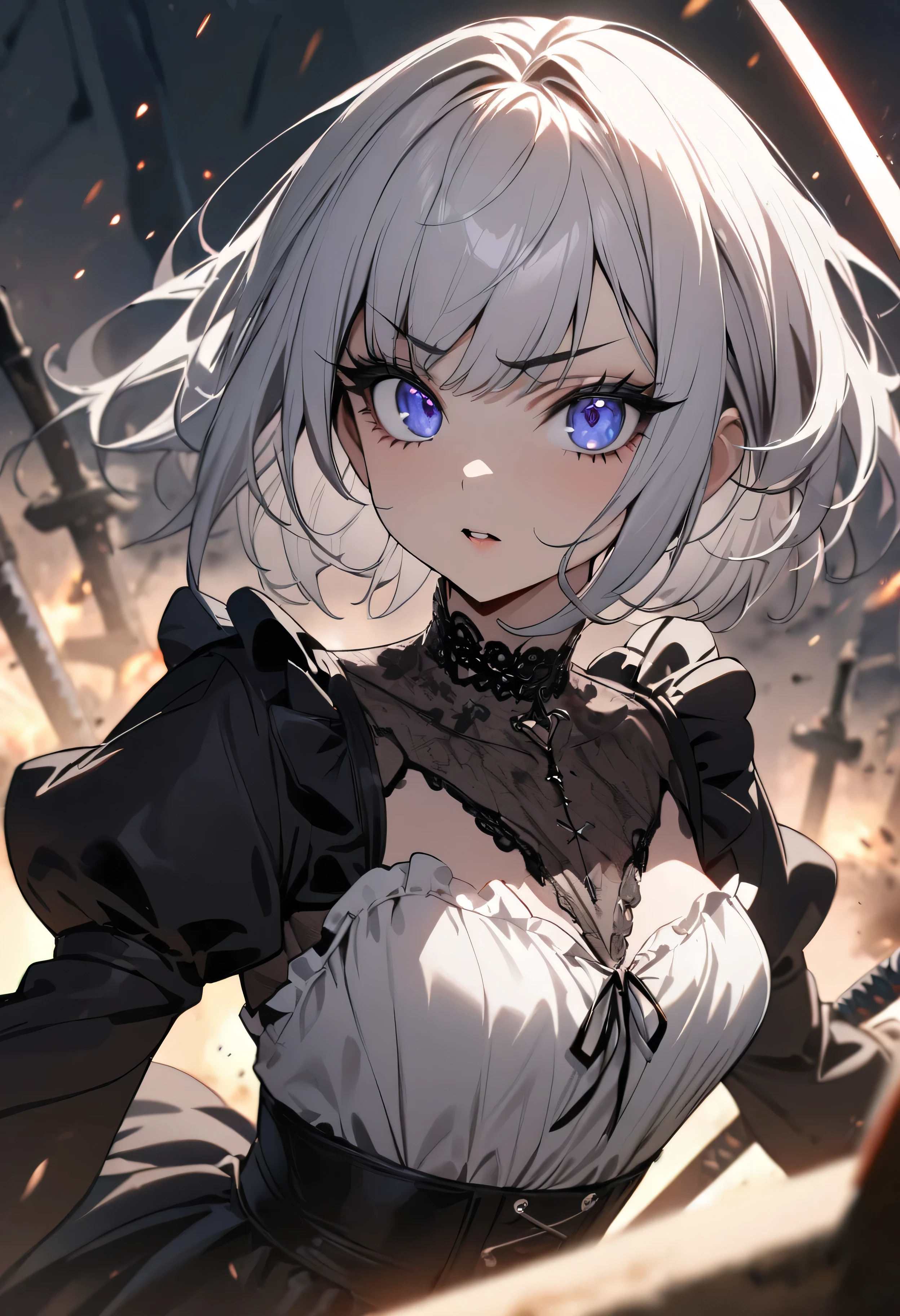 (masterpiece:1.2), (highest quality:1.2), Perfect Eyes, Perfect Face, Perfect lighting, One girl,bob, Complicated hairstyle, compensate, Thick eyelashes, Dressed as a goth girl, Black and white dress, Frills, ribbon, Puffy sleeves, Exposing shoulders, Lace choker,fighting,battle field,katana