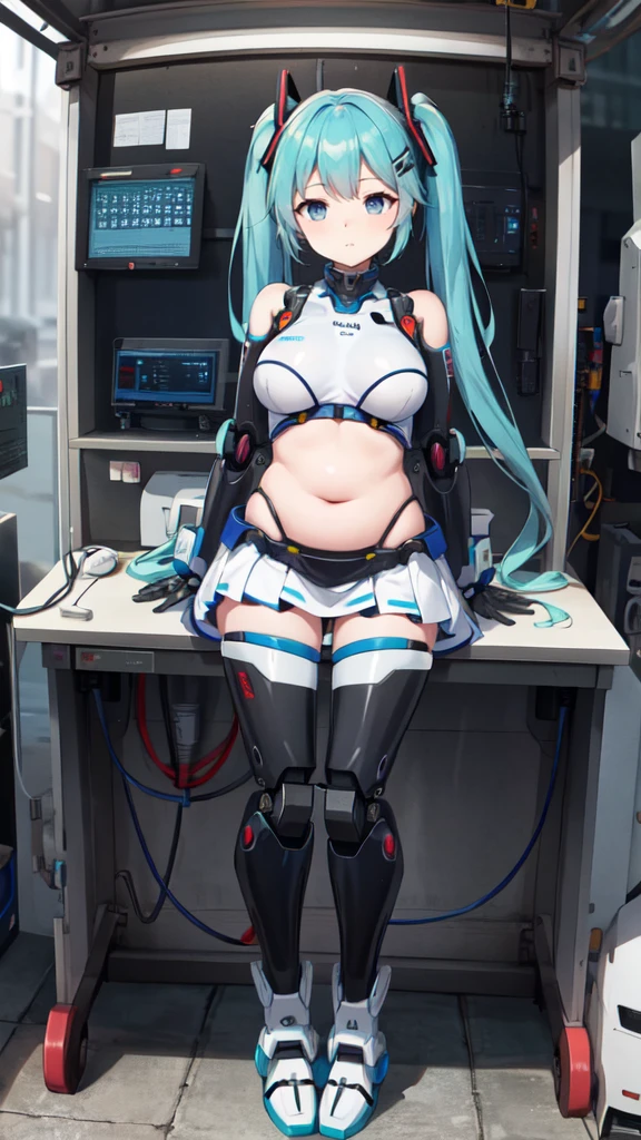 masterpiece, best quality, extremely detailed, ,8k portrait, Japaese android Girl,Plump,announcer,control panels,Robot arms and legs, hatune miku VOCALOID, twin tails, light blue eyes, light blue hair,Mechanical body,Blunt bangs,perfect mechanical abdomen,White robotics parts,perfect robot woman,cyberpank costume,She is powered by electricity,future laboratory,perfect plastic body,perfect mechanical body,black sponge joints,The removable cover is on the groin,The connection port is on the groin,opened chest panel,access panel on the chest,opened breast panel,perfect mechanical breast,machine body,white robot body,ceramic breast,perfect plastic breast,She has been assembled by robotarm,assembly plant,miniskirt,pleated skirt,boots,perfect future costume,perfect mechanical bodycover,separate booth,She has storaged in the booth,costume with aqua accents,