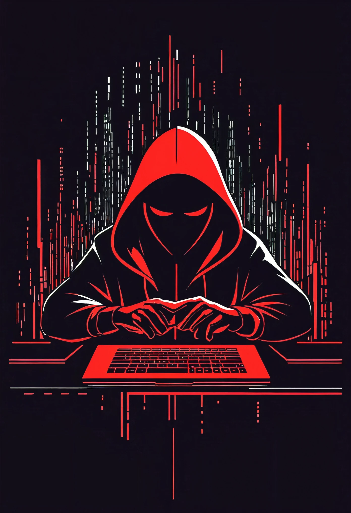 Design a captivating 2D hacker logo featuring a hooded figure immersed in the glow of a computer screen. The figure, dressed in sleek black, exudes an air of mystery and expertise. The computer screen displays a matrix of red binary code, symbolizing the hacker's digital prowess. Use dynamic lines to convey a sense of movement and energy, capturing the intensity of the hacking process. Balance sophistication with rebellion, creating a logo that seamlessly combines modern tech aesthetics with the intrigue of the digital underground.