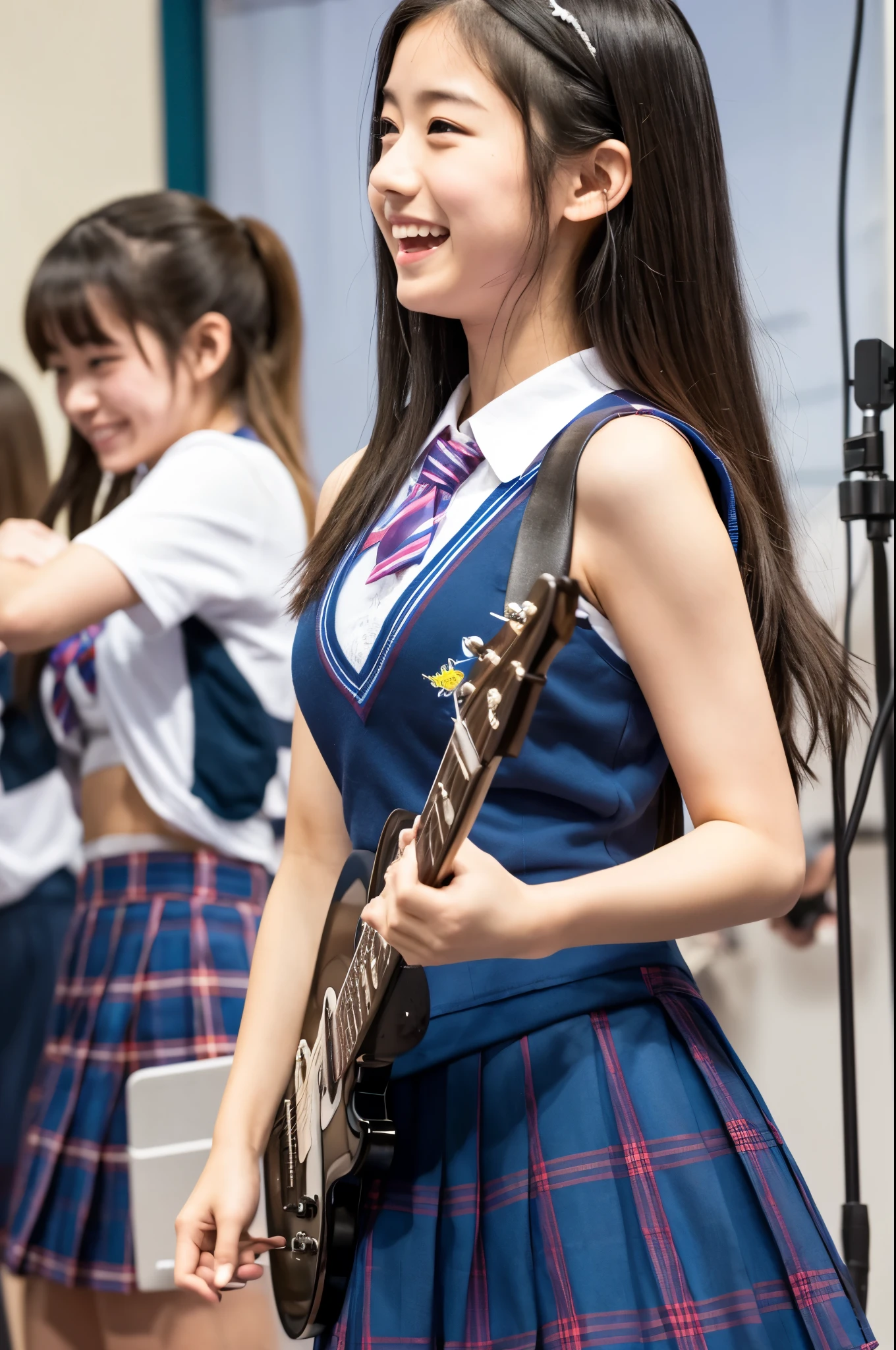 アイドルのようにvery cute、Cute and adorable、16歳のYoung faceのhigh school student少女, Young face、very cute、Smiling Kindly、Live at the high school cultural festival、High School Uniform、Cleavageがはっきり見える、High はCleavageが見えるデザイン、Cleavage、Singing on the gymnasium stage、In front of the students、Full body portrait、 Natural light、Accurate、Anatomically correct、Textured skin、Super Detail、 Attention to detail、highest quality、High resolution、Real、realism、Raw photo、Genuine、masterpiece、Guitar Heroine、high school student、Live at the gym