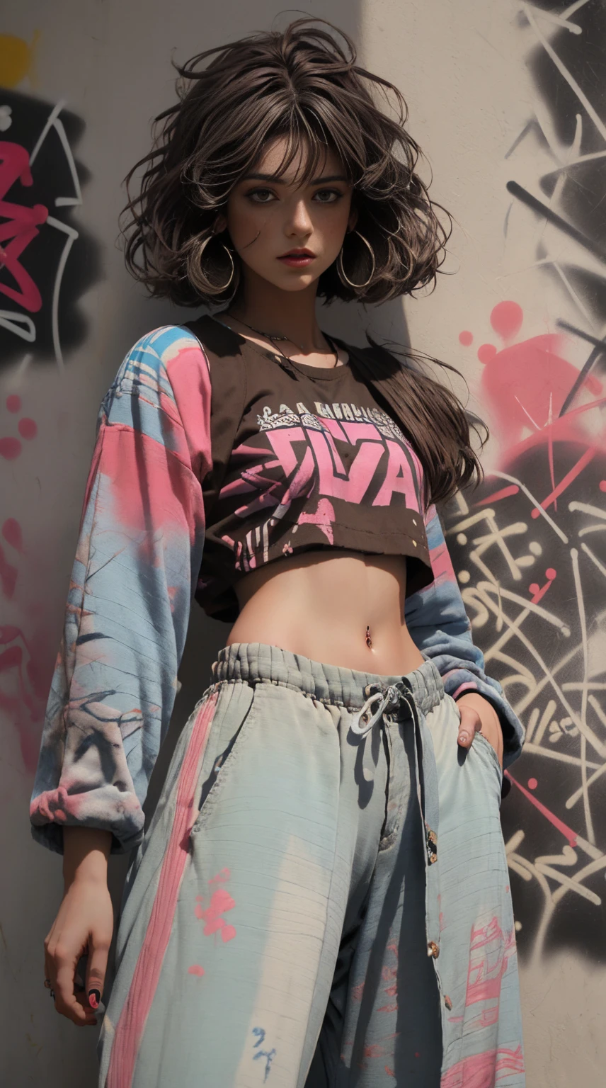 ((tiro largo, cuerpo completo: 1.6)), cian:1.4, marron:1.2, purpura:1.2, amarillo:1.4, magenta:1.6, (rapper girl with long brown hair beautiful modern cut, ojos y cuerpo muy detallados y hermosa ropa holgada, Wide pant:1.6), tatuajes, (paredes con grafiti: 1.2), flor, hojas, nacido en la niebla, lines, apoyada en la pared con una pintura en aerosol en la mano, bien definido luz y sombras, Action Pose, 32K.