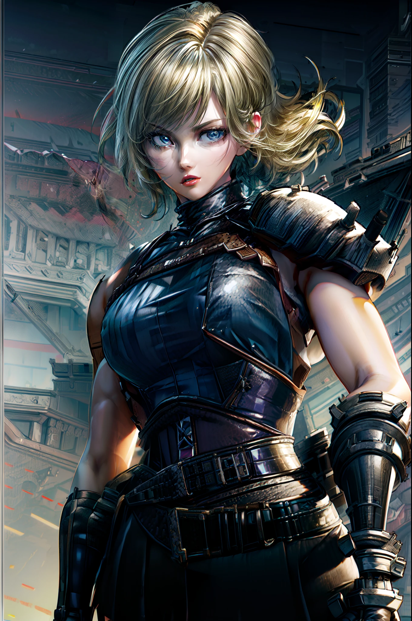 (masterpiece, best quality:1.2), expressive eyes, perfect face, highres, 1 girl, solo, (female:1.5), strife, blonde hair, shoulder armor, sleeveless turtleneck, suspenders, belt, gloves, bracer, standing, portrait, looking at viewer,