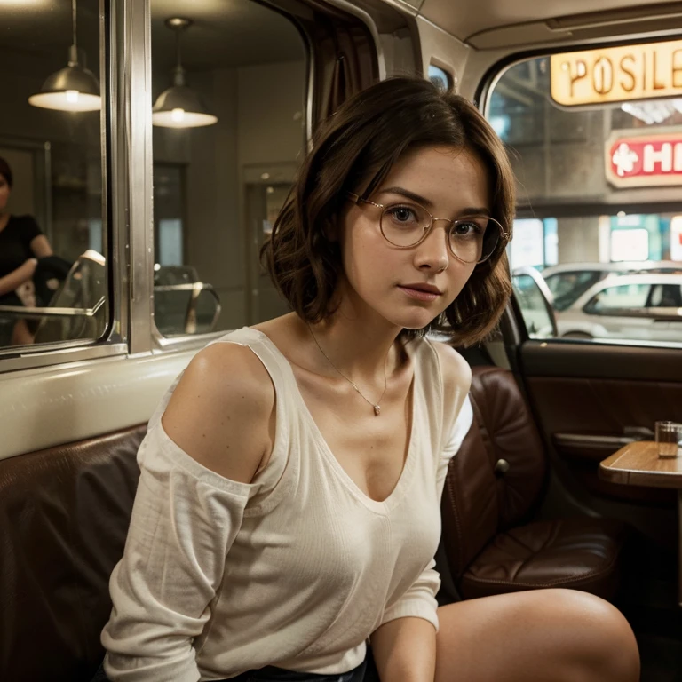 She is a woman in her early twenties, with an appearance that combines the classic elegance of Jenna Coleman with the touch of determination of Jill Valentine from Resident Evil. Her brown hair falls in soft curls to her shoulders, framing a delicate face adorned with expressive, piercing eyes. She wears 3D glasses. She has an intellectual charm to her look. She wears a white shirt with a car print. Her posture is happy, and her presence radiates a mixture of intelligence, courage, and grace. She's in a diner