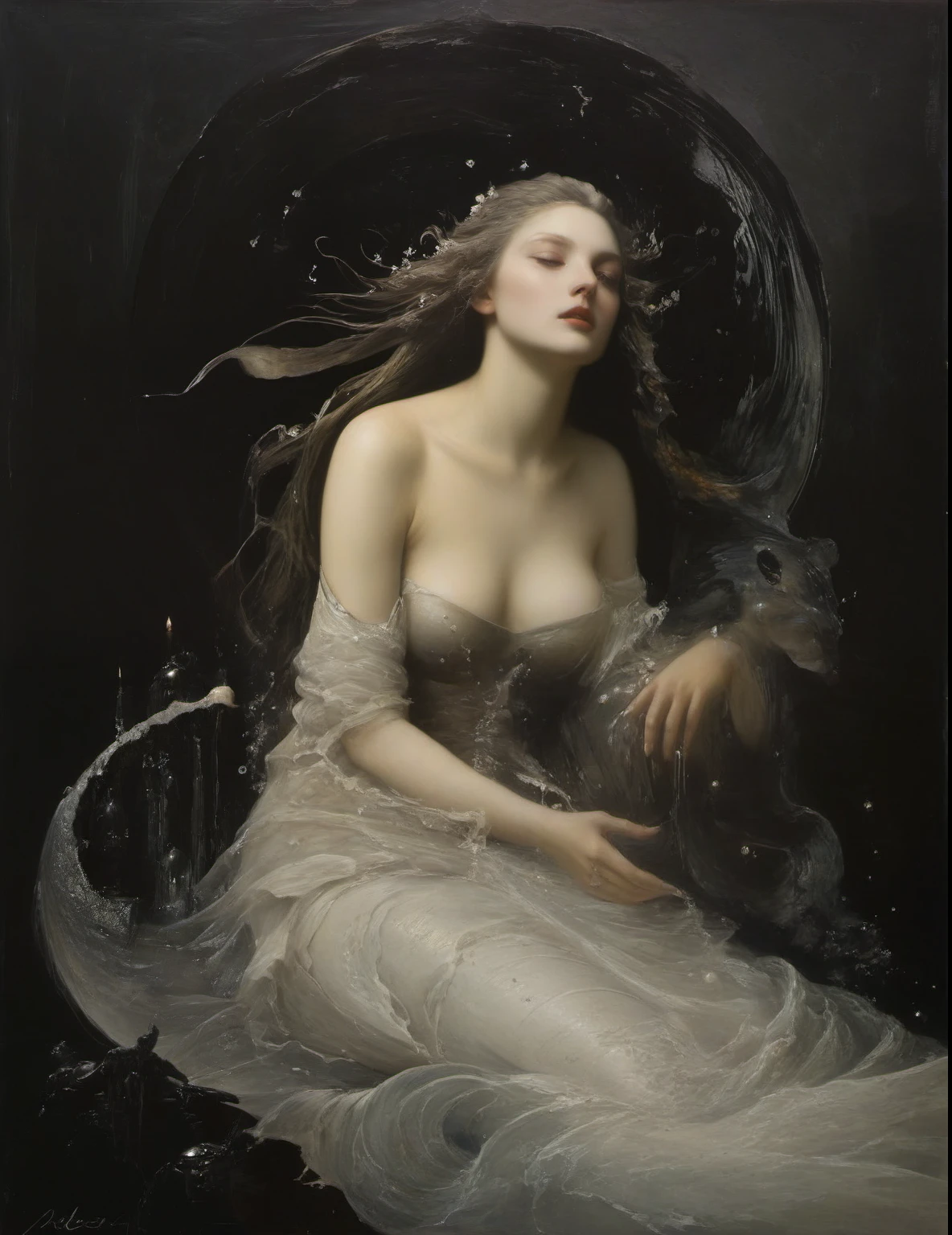 James Gurney, Surrealist art , dream-like, mysterious, Provocative, symbolic, Complex, detailed,, (Gothic but very beautiful:1.4), (masterpiece, Highest quality:1.4) , Nicola Samori Style, Beautiful mermaid from the underworld