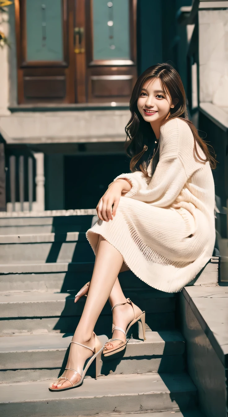 highest quality, Realistic, Very detailed, Finer details, High resolution, 8k wallpaper, One beautiful woman,Sit on the stairs、Full body photo、smile、put one's coat over one's shoulders、Long sleeve blouse、Skinny jeans、loafers、Black Hair、 Beautiful Bangs、ear piercing、Perfect dynamic composition, Beautiful and detailed, , A big smile waiting to start