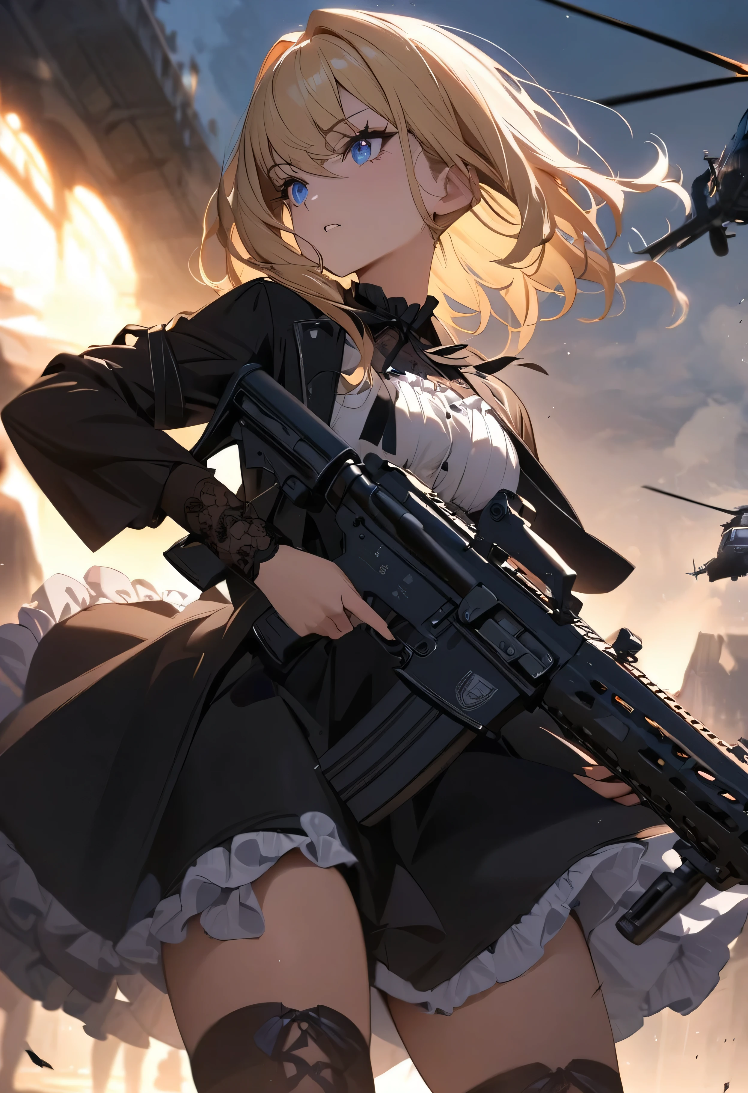 (masterpiece:1.2), (highest quality:1.2), Perfect Eyes, Perfect Face, Perfect lighting, One girl,bob,blonde hair,blue eyes, Dressed as a goth girl, Black and white dress, Frills, ribbon,Assault rifle,gun action,fighting,helicopter