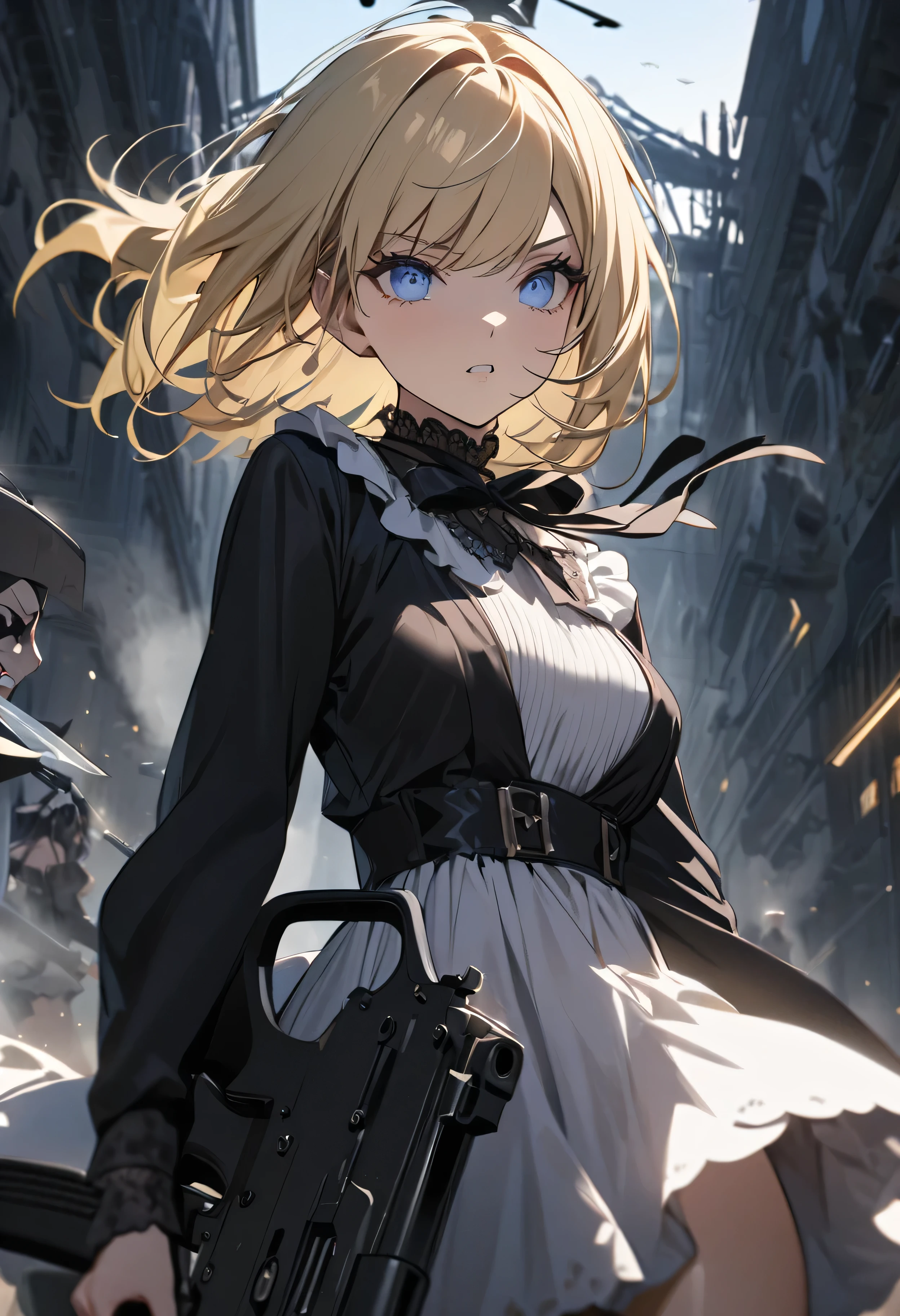 (masterpiece:1.2), (highest quality:1.2), Perfect Eyes, Perfect Face, Perfect lighting, One girl,bob,blonde hair,blue eyes, Dressed as a goth girl, Black and white dress, Frills, ribbon,submachine gun,gun action,fighting,helicopter