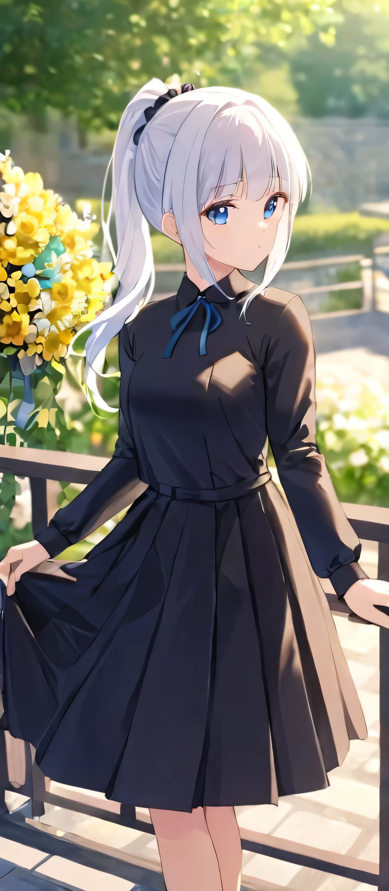 1girl, mature_girl, wedding_dress, solo, inoue_takina, pony_tail, one-tone_dress, pleated_dress, blue_eyes, dress, black_dress, outdoors, bangs, white_hair, looking_at_viewer, closed_mouth, long_sleeves, black_dress, wedding_ceremony, hand_holding_flowers, day, ornament_wedding, blurry_background, blurry, flowers, railing