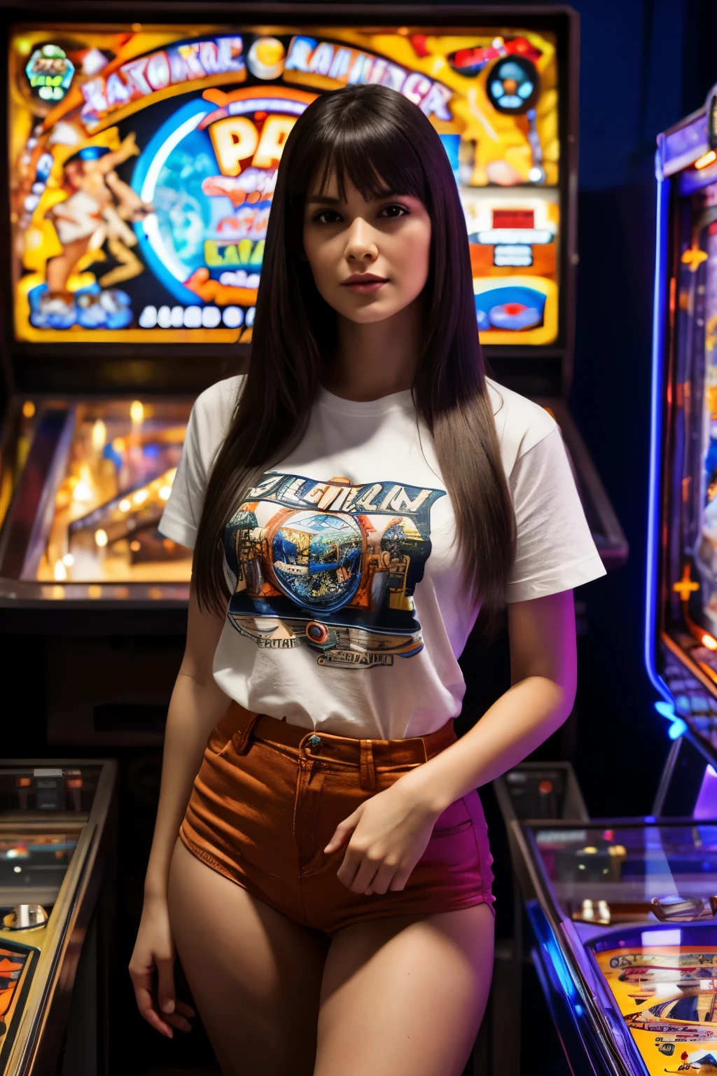 High resolution, 4k image quality, high detail, masterpiece, realistic skin, anatomically correct, sharp, retro arcade background, A captivating ((photograph of 23yo woman)). ((posing on a pinball:07, machine)), the pinball machine details are of a fantastical scene of jungles goddess and warriors, classic vibrant pinball details and lights. Her casual attire and slightly longish straight hair transport the viewer. The sci-fi movie graphic t-shirt she wears reveals her passion for the genre, she's standing in front of the pinball machine, hands on each side of machine. dynamic pose leaning on pinball machine, extreme details of arcade:1.0, pinball. The overall atmosphere of the image is nostalgic and charming, evoking a sense of a woman lost in her own arcade gaming world, surrounded by the relics of her time