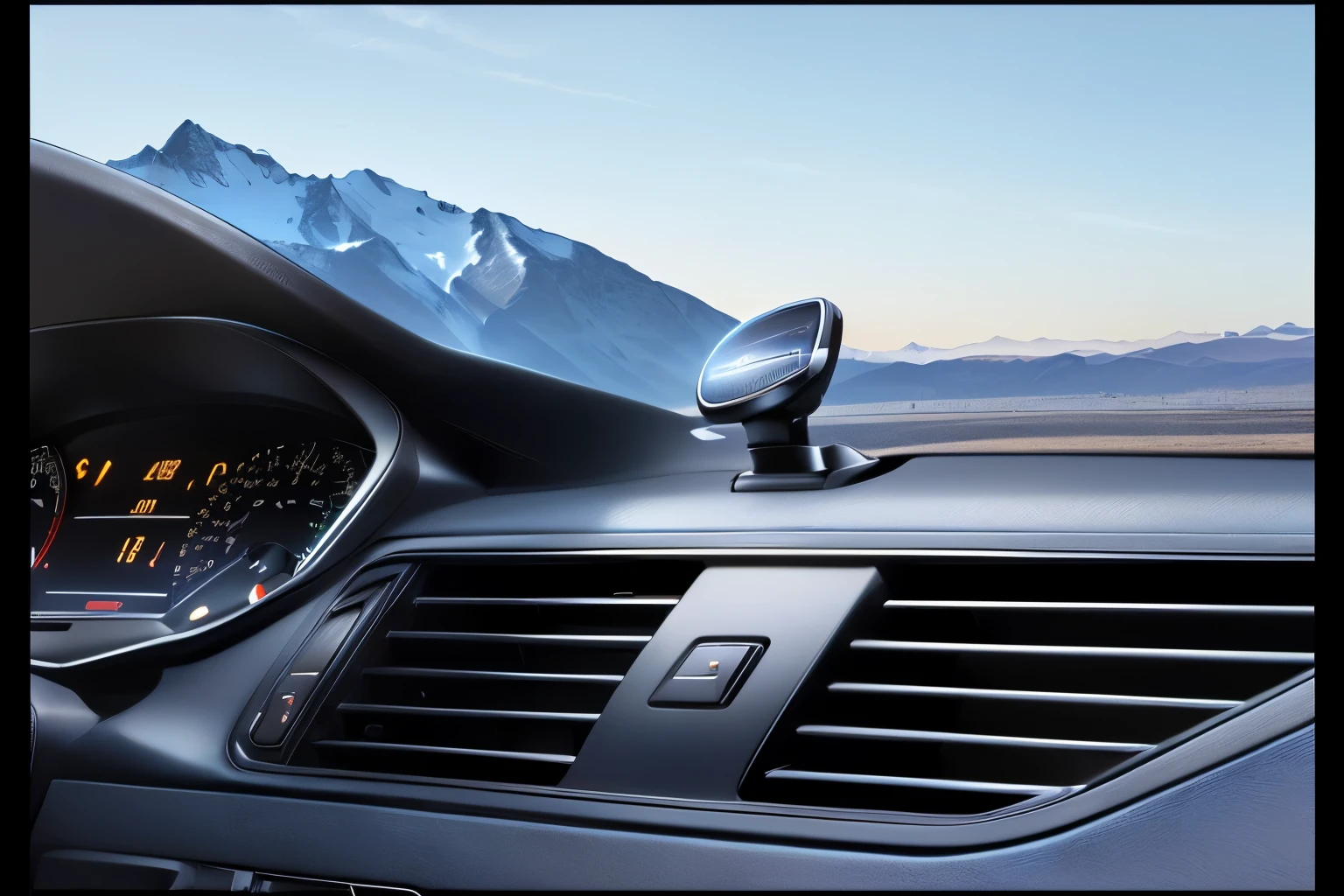 Cutaway view of instrument panel with instrument lights and gauges, Front Angle, simple go, Close-up angle, Oblique view, Automotive commercial photography, 車Front Angle, Side Angle, Angle View, 3/4 Front view, Extremely detailed frontal angle, crisp smooth lines, Bottom Angle, top Angle View, Mountain, Dynamic angle shooting, simple