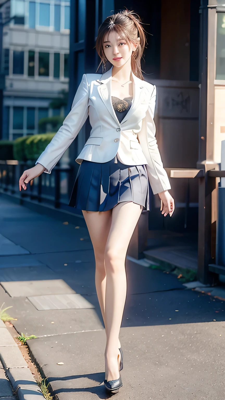 An innocent 20-year-old girl, (blazer school uniform:1.1), (high heels), (Dramatic Pose),smile, (High Ponytail),natural Park、RAW Photos, (8k, highest quality, masterpiece:1.2), (Intricate details:1.4)、(Photorealistic:1.4), Octane Rendering, Complex 3D rendering with ultra-detail, Studio Soft Light, Rim Light, Vivid details, Super Detail, Realistic skin texture, Detailed aspect, Beautiful details in the eyes, Highly detailed CG Unity 16k wallpaper, compensate, (Detailed Background:1.1), Glowing Skin, whole body, ((thin legs)), small waist, Cleavage, (looking at viewer:1.1)