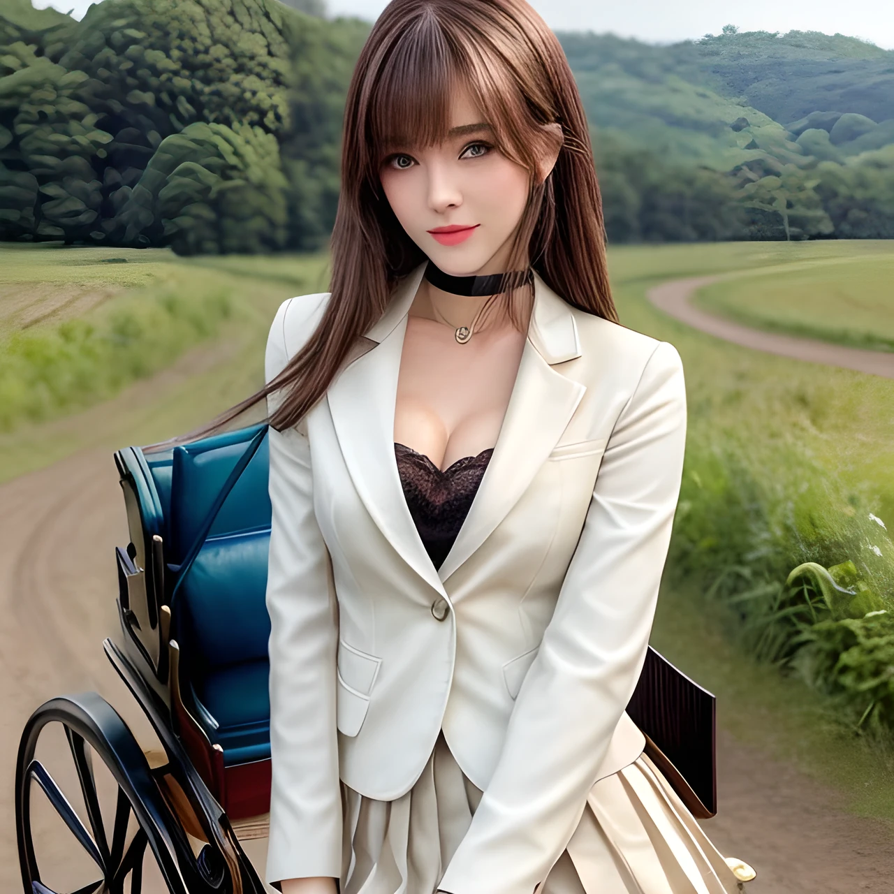 masterpiece, Front view, Cute Japanese aristocratic woman, (輝くBrown Hair, Straight Long Hair), ((Ivory business jacket, Pleated mini skirt)), Very cute face, Glossy Lips, Double eyelids on both eyes, Natural Makeup, Brown Hair, Asymmetrical bangs, High resolution, Attention to detail, Detailed hairstyle, Detailed face, Octane Rendering, Ultra-realistic, Perfect limbs, ((Black choker)), blue eyes, (Big Breasts), ((Slim body:1.5)), Cool Beauty, ((Slim face)), smile, Mature Woman, Browsing Caution:-1.2, Long, Bushy Eyelashes, Cleavage, ((Rural outskirts)), (carriage:1.5),