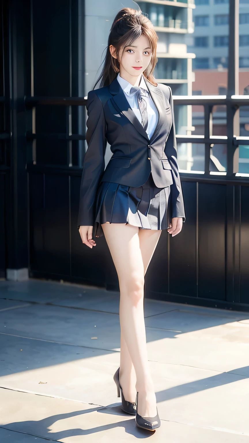 An innocent 20-year-old girl, (blazer school uniform:1.1), (high heels), (Dramatic Pose),smile, (High Ponytail),natural Park、RAW Photos, (8k, highest quality, masterpiece:1.2), (Intricate details:1.4)、(Photorealistic:1.4), Octane Rendering, Complex 3D rendering with ultra-detail, Studio Soft Light, Rim Light, Vivid details, Super Detail, Realistic skin texture, Detailed aspect, Beautiful details in the eyes, Highly detailed CG Unity 16k wallpaper, compensate, (Detailed Background:1.1), Glowing Skin, whole body, ((thin legs)), small waist, Cleavage, (looking at viewer:1.1)