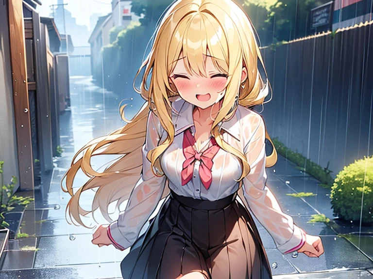 Top quality, (1 beautiful girl), junior high school student, Blonde, Braided hair, Medium Hair, Wavy Hair, standard weight, , (wet), laugh with an open mouth, blush, closed eyes, walking, rainy, beautiful scene of alley, water drops, cowboy shot