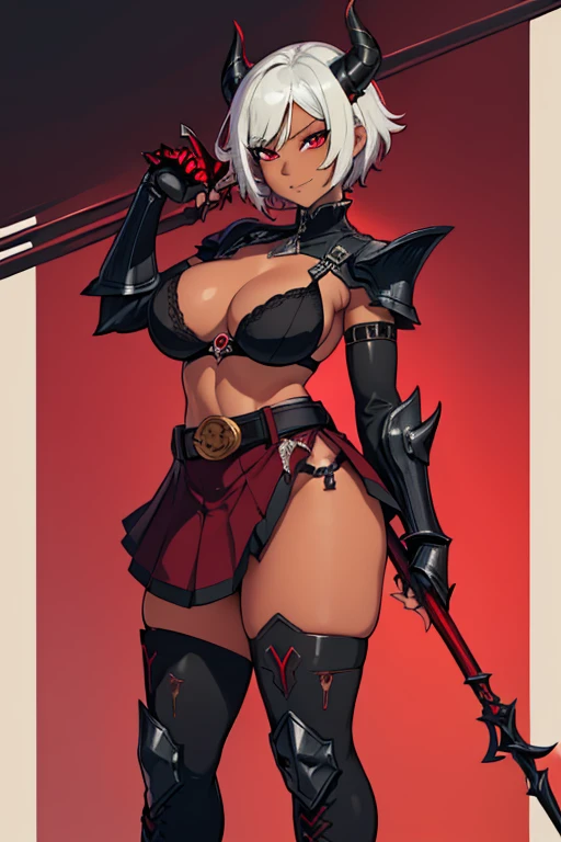 female, silver short hair, red eyes, dark skin, curved black horns, (((1girl))), (((metal gauntlets))), (knee high metal heeled boots), (black bra), (black panties), (maroon half skirt), (brown belt), (black thigh high socks), cute and sexy, long legs, full body, large breasts, large butt, smirking, holding spear