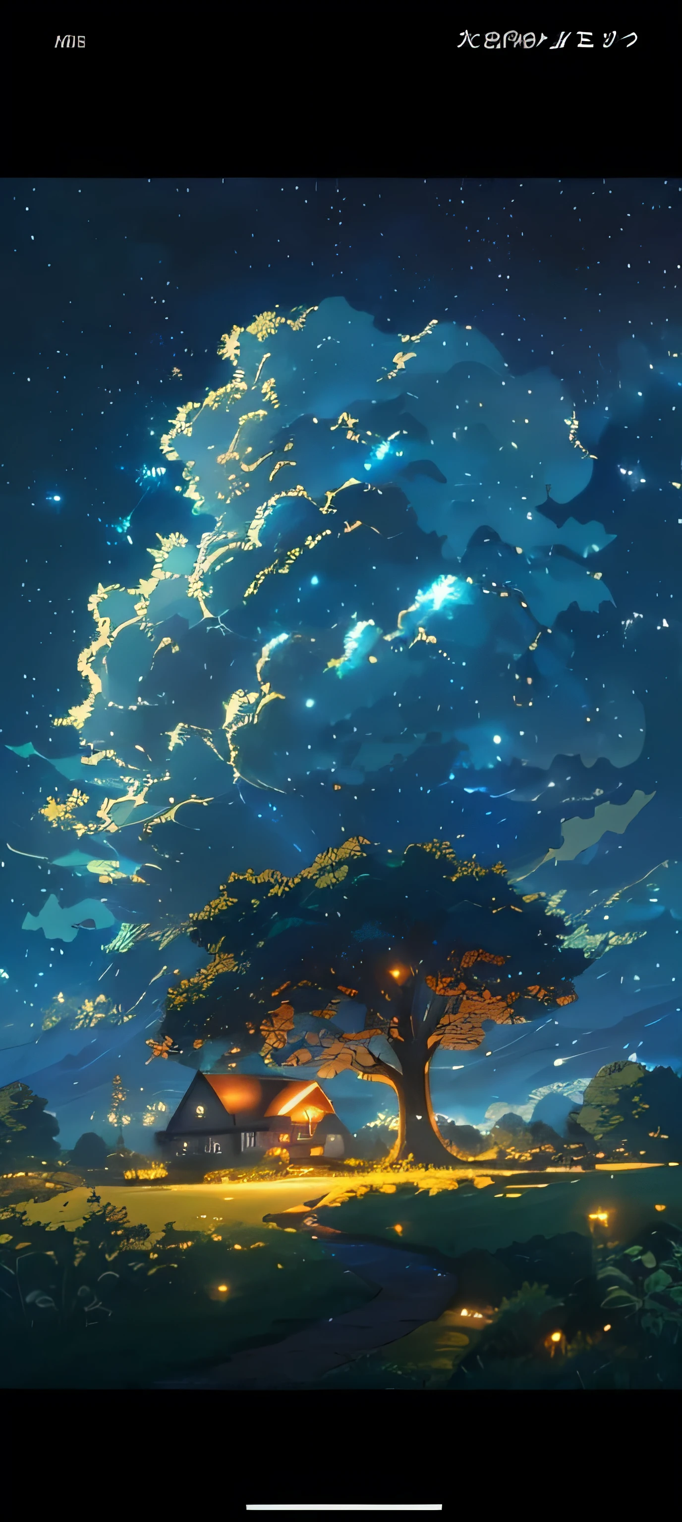 starry night sky with a house and trees in the foreground, beautiful anime scene, anime background art, anime art wallpaper 4k, anime art wallpaper 4 k, anime background, lofi artstyle, anime art wallpaper 8 k, makoto shinkai cyril rolando, anime sky, by RHADS, amazing wallpaper, beautiful anime scenery, dreamy night, rhads!!!