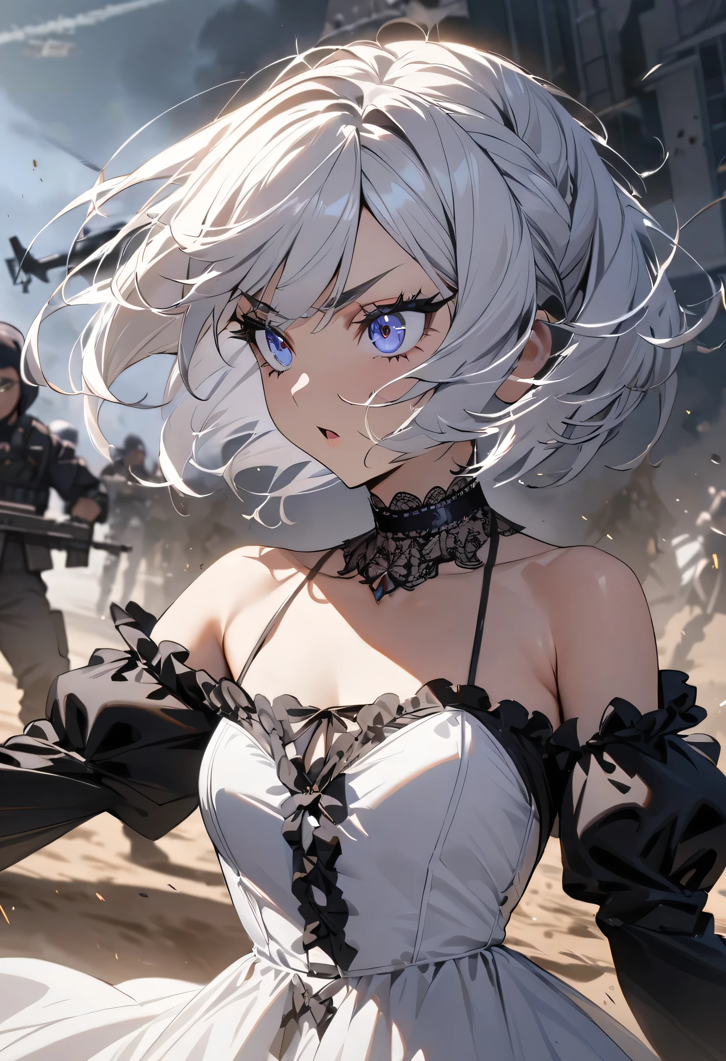 (masterpiece:1.2), (highest quality:1.2), Perfect Eyes, Perfect Face, Perfect lighting, One girl,bob, Complicated hairstyle, compensate, Thick eyelashes, Dressed as a goth girl, Black and white dress, Frills, ribbon, Puffy sleeves, Exposing shoulders, Lace choker,fighting,battle field,Assault rifle,helicopter