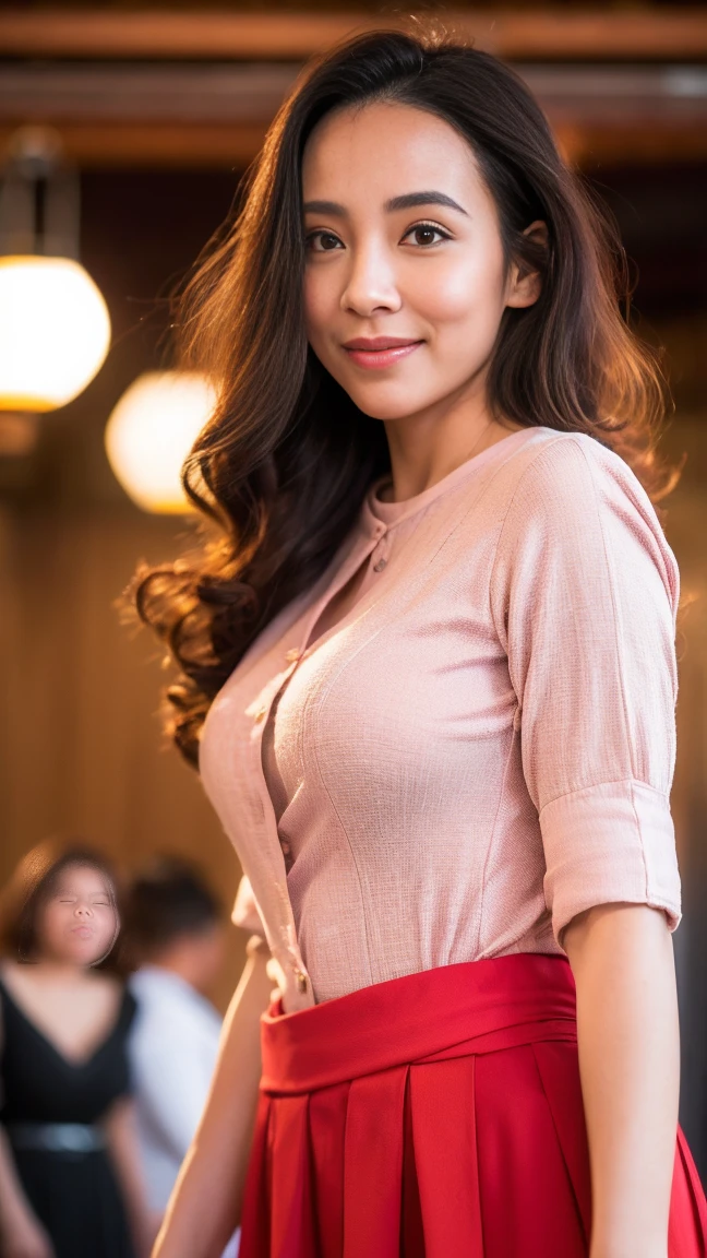 ((Best Quality)), ((8K)), ((Masterpiece: 1.3)), (Perfect Appearance), (Photorealism: 1.6), (Woman Walking), (Crowded Festival Venue), ( Lined alley (stalls on both sides), Japanese, female, 36 years old, ((realistic skin texture)), (overall skin fine lines: 1.3), (skin dullness: 1.1), (moisturized skin: 1.2) , (Wrinkles on face: 0.9), (Wrinkles on the corners of the eyes: 1.2), Double eyelids, tear sacs on lower eyelids, (Crying moles: 0.9), Eyes facing towards you, serious gaze, (Dimples: 1.2), Round Face, bulbous nose, eyes set far apart: 1.2, round and big eyes, plump cheeks, round chin, wide forehead, short bangs, long, unkempt hair, long hair with curls at the ends, smile with the corners of the mouth turned up, blouse made of soft fabric, wide forehead Sleeves, cuffs that fit the wrist, flared skirt, high heels, small breasts, (Portrait from the waist up: 1.4),