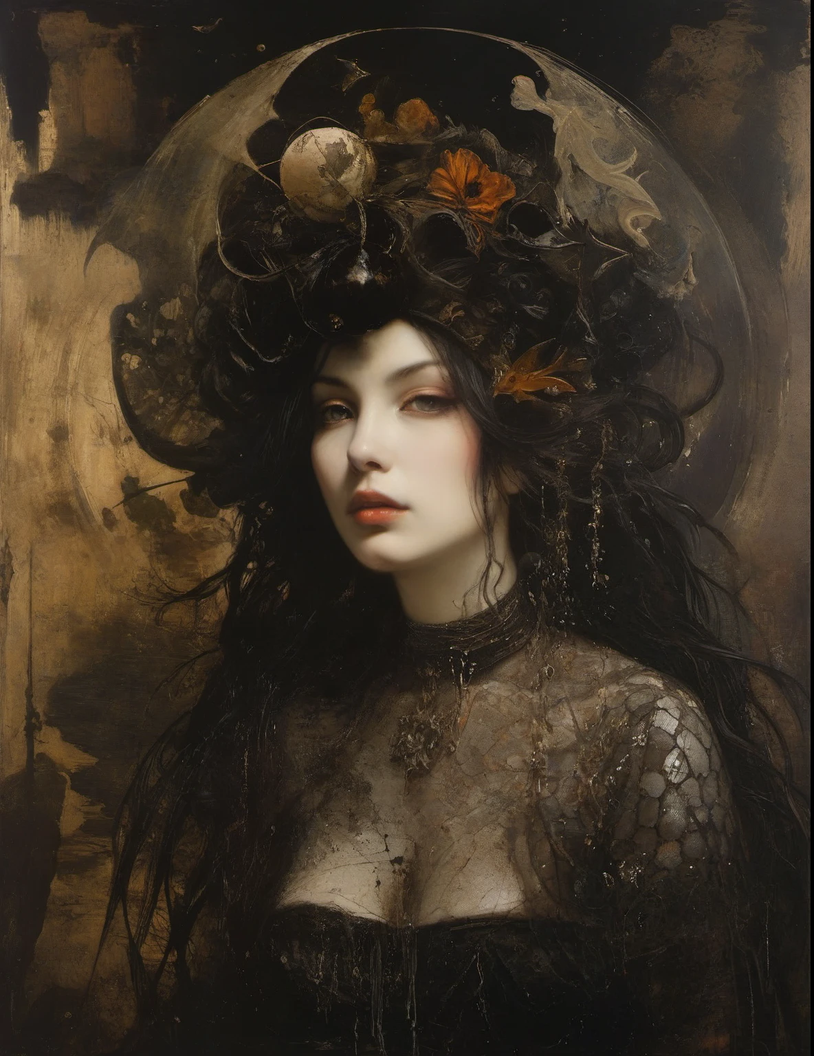 James Gurney, Surrealist art , dream-like, Mysterious, Provocative, symbolic, Complex, detailed,, (Gothic but very beautiful:1.4), (masterpiece, highest quality:1.4) , Nicola Samori Style, Goddess-like mermaid