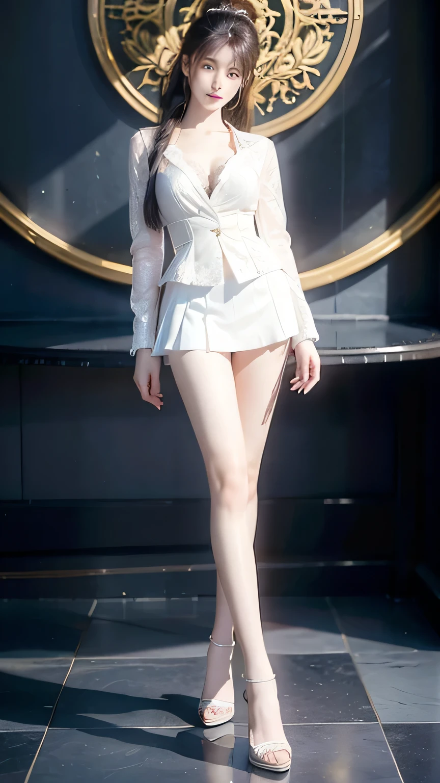 An innocent 20-year-old girl, (blazer school uniform:1.1), (high heels), (Dramatic Pose),smile, (High Ponytail),natural Park、RAW Photos, (8k, highest quality, masterpiece:1.2), (Intricate details:1.4)、(Photorealistic:1.4), Octane Rendering, Complex 3D rendering with ultra-detail, Studio Soft Light, Rim Light, Vivid details, Super Detail, Realistic skin texture, Detailed aspect, Beautiful details in the eyes, Highly detailed CG Unity 16k wallpaper, compensate, (Detailed Background:1.1), Glowing Skin, whole body, ((thin legs)), small waist, Cleavage, (looking at viewer:1.1)