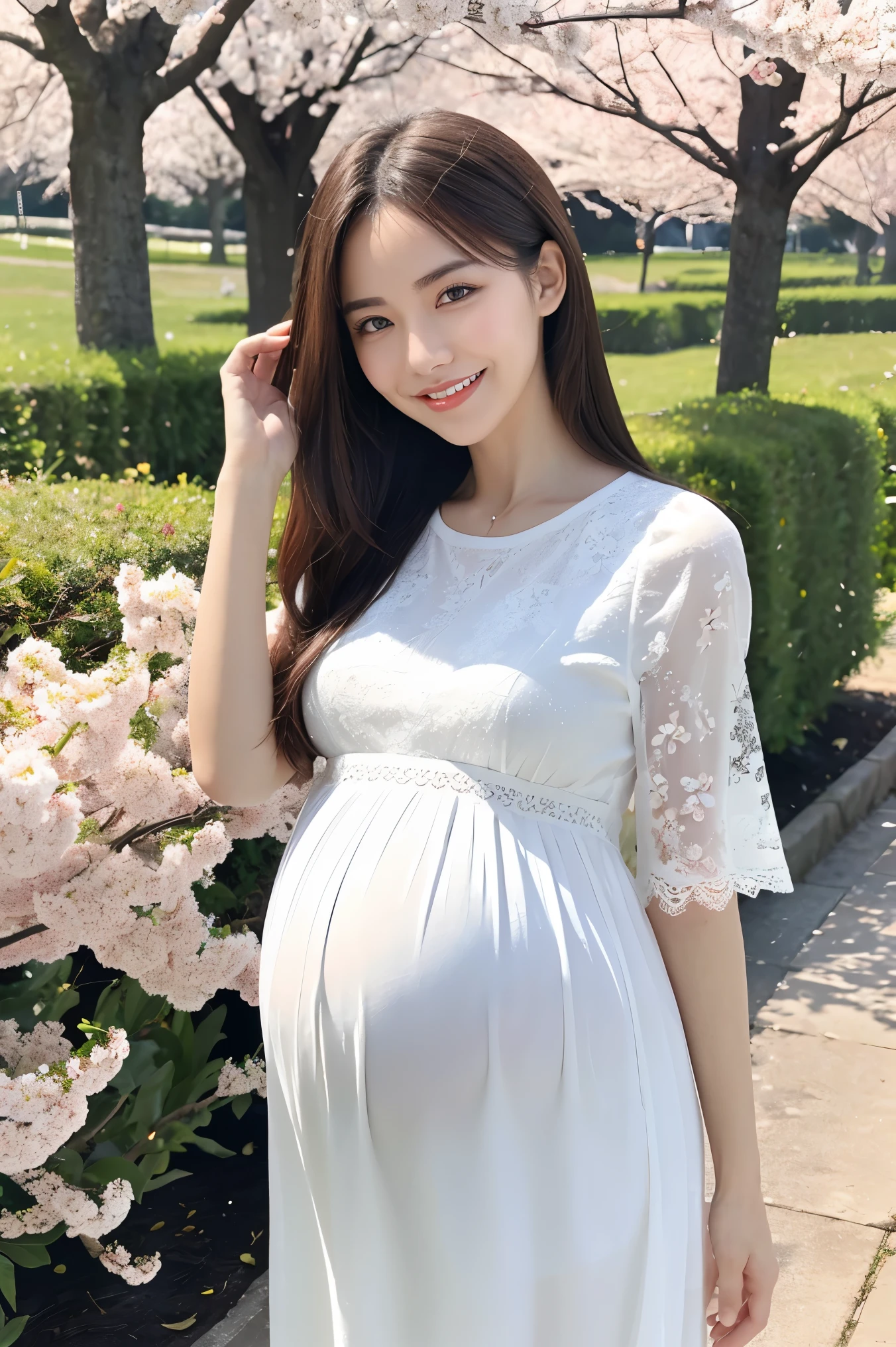 (highest quality、masterpiece、8k、Best image quality、Award-winning works)、1 female、Walk in the park、(pregnancy:1.1)、(alone:1.1)、(1 photo:1.1)、Elegant white maternity wear、See-through maternity wear、Lace ornament、Perfect Makeup、thin、The biggest smile is looking at me、Perfect Anatomy、Standing full body photo、Blurred cherry blossoms in full bloom,、big grass park、Refreshing atmosphere、very bright and vivid、Beautiful eyes in ultra-high resolution、Ultra high resolution perfect beautiful teeth、Ultra-high definition beauty face、Ultra HD beautiful hair、Perfect teeth alignment