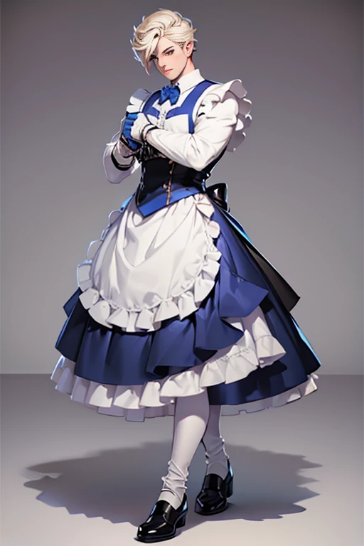 Beauty all over the body，Blue and white Lolita cos evening dress，Stand head-on，leather shoes，greybackground, femboy (pumped up), maid dress , femboy, men, make up
