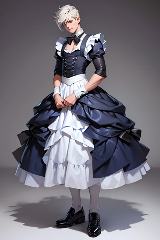 Beauty all over the body，Blue and white Lolita cos evening dress，Stand head-on，leather shoes，greybackground, femboy (pumped up), maid dress , femboy, men, make up
