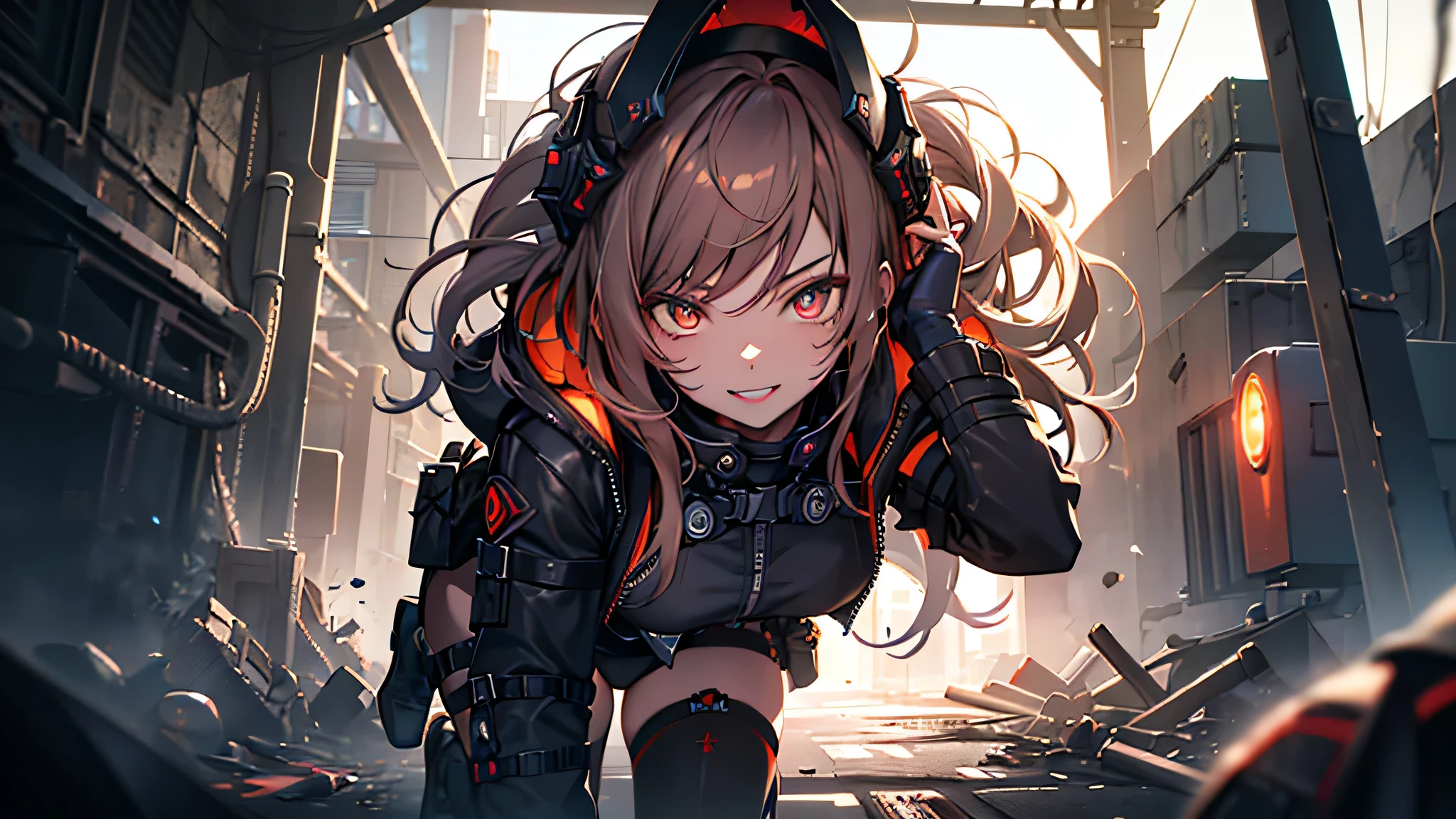 ((Best quality)), ((masterpiece)), (detailed:1.4), 3D, an image of a beautiful cyberpunk female, Yandere , Yandere Face , Trance , Trance Eyes , yameroyandere , constricted pupils , yandere ,
empty eyes . shaded face , crazy eyes , glowing eyes , crazy smile , dark, long burning red hair, burning hair, light brown eyes, red Barret, Black Soldier Shirt, Black under cloth, black panty, Grenade belt, Big chest, Big thigh, High thigh black knee sock, full view of girl, battlefield background, black combat boot, red necktie, black glove, black combat suit, black jacket, black cloak, black panty, ammo belt, HDR (High Dynamic Range),Ray Tracing,NVIDIA RTX,Super-Resolution,Unreal 5,Subsurface scattering,PBR Texturing,Post-processing,Anisotropic Filtering,Depth-of-field,Maximum clarity and sharpness,Multi-layered textures,Albedo and Specular maps,Surface shading,Accurate simulation of light-material interaction,Perfect proportions,Octane Render,Two-tone lighting,Wide aperture,Low ISO,White balance,Rule of thirds,8K RAW,