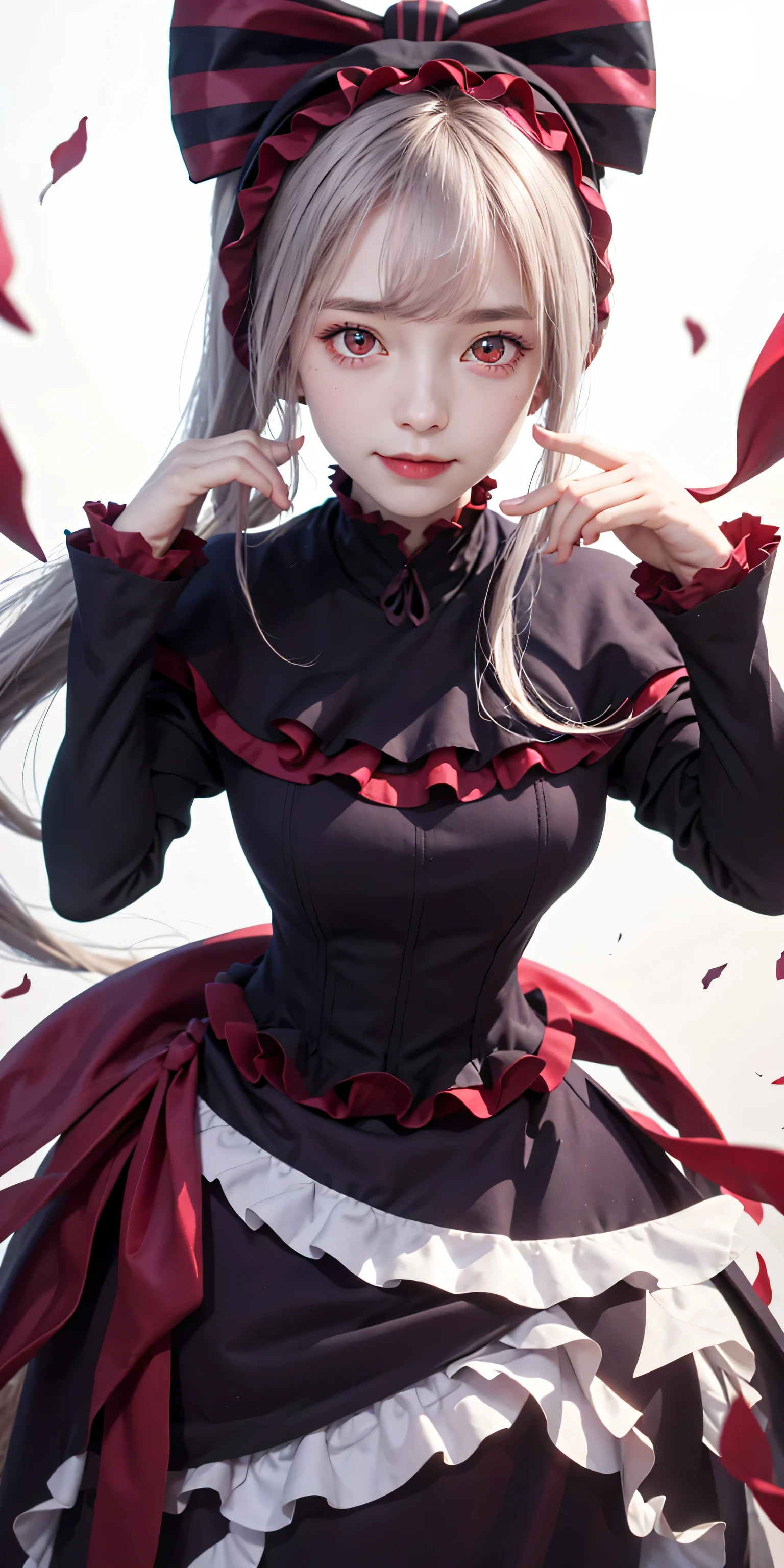 , best quality, ShalltearV4, 1girl, solo, dress, frills, bow, hair bow, fang, slight smile, pale skin, glowing, glowing eyes, portrait