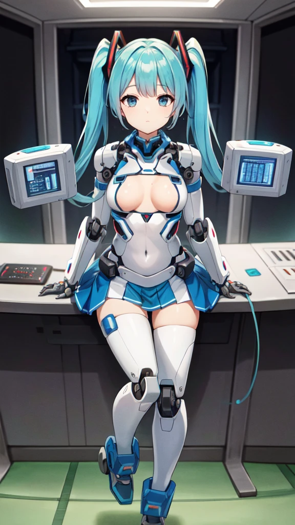 masterpiece, best quality, extremely detailed, ,8k portrait, Japaese android Girl, Ultimate physical beauty,announcer,control panels,Robot arms and legs, hatune miku VOCALOID, twin tails, light blue eyes, light blue hair,Mechanical body,Blunt bangs,perfect mechanical abdomen,White robotics parts,perfect robot woman,cyberpank costume,She is powered by electricity,future laboratory,perfect plastic body,perfect mechanical body,black sponge joints,The removable cover is on the groin,The connection port is on the groin,opened chest panel,access panel on the chest,opened breast panel,perfect mechanical breast,machine body,white robot body,ceramic breast,perfect plastic breast,She has been assembled by robotarm,assembly plant,miniskirt,pleated skirt,boots,perfect future costume,perfect mechanical bodycover,separate booth,She has storaged in the booth,costume with aqua accents,