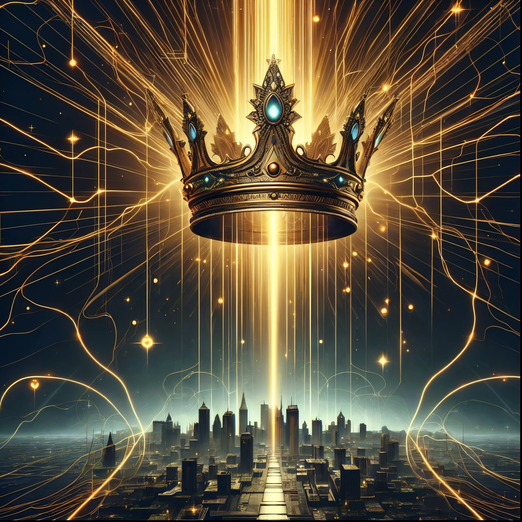 uma coroa dourada com uma cidade ao fundo, coroa de lasers brancos, coroa de (((lasers brancos))), coroa de (lasers brancos), ( ( Deus Rei da Arte AI ) ), the crown is very high, mais fundo no metaverso vamos, rainha e governante do universo, Deus Rei da Arte AI, o metaverso criptografado, rei da entropia