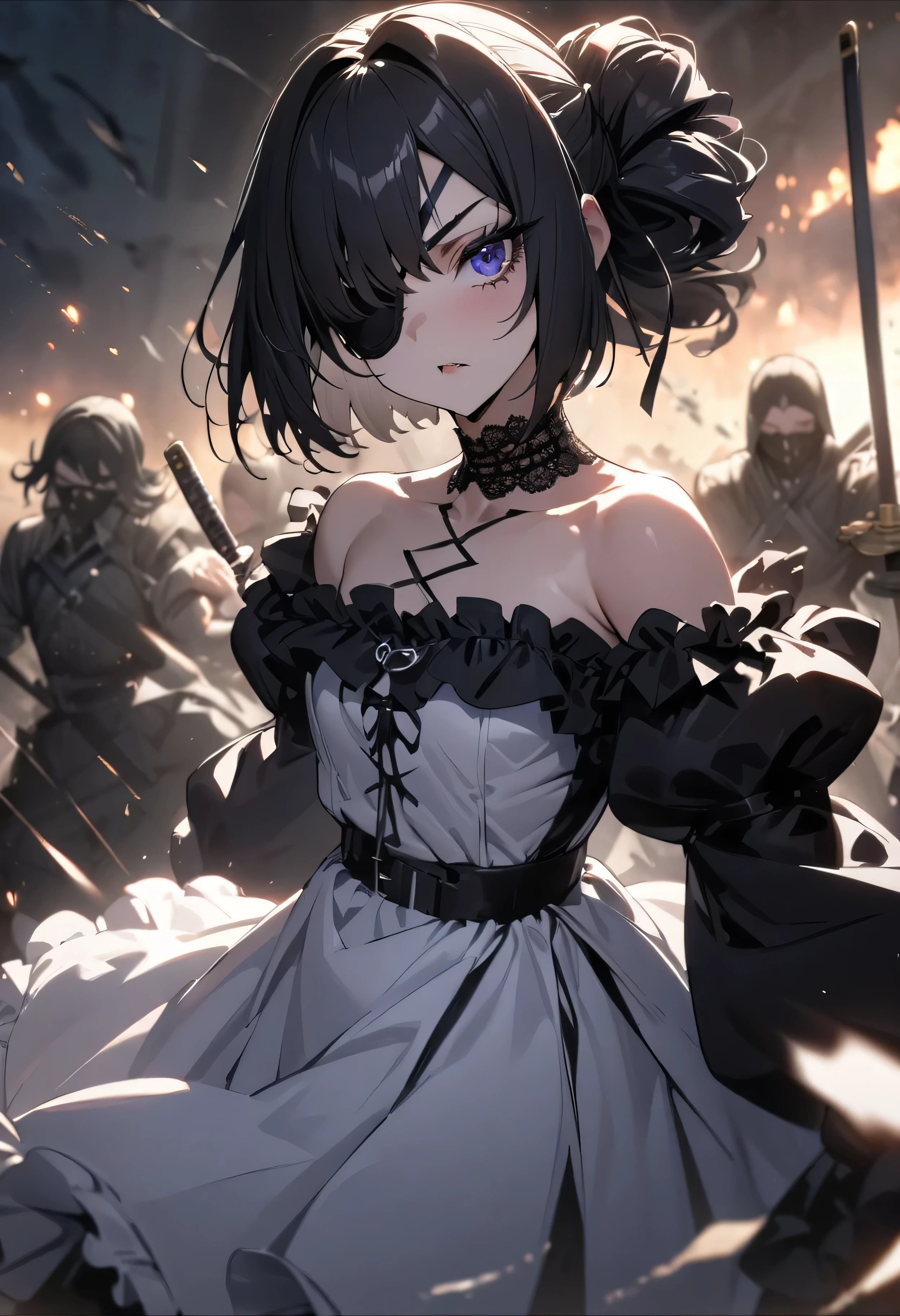 (masterpiece:1.2), (highest quality:1.2), Perfect Eyes, Perfect Face, Perfect lighting, One girl,bob, Complicated hairstyle, compensate, Thick eyelashes, Dressed as a goth girl, Black and white dress, Frills, ribbon, Puffy sleeves, Exposing shoulders, Lace choker,fighting,battle field,katana,Eye patch