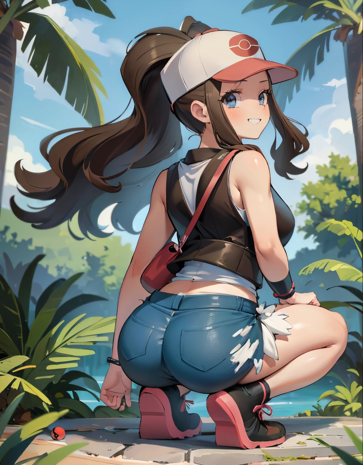 (best quality, highres, masterpiece:1.2), ultra-detailed, realistic:1.37, sketches, hilda pokemon, def1, teenage girl, full body, curvy, visible thighs, chubby thighs, thick thighs, thighs in the foreground, body shape,  in some Mayan ruins, tropical setting, lost civilization, tocando su cuerpo, curious look, pokeballs, smile, encanto femenino, back shot, from bihind, nsfw