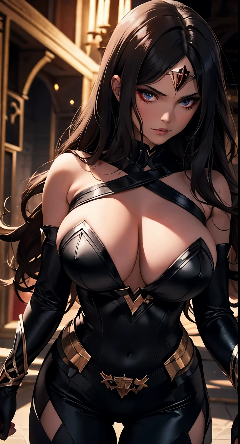 In the heart of a dark and ominous black castle, the enigmatic figure of Wonder Woman emerges, transformed into a vampire-inspired version of herself. Her flaming eyes burn with an unearthly intensity, illuminating the desolate chamber in sanguine radiance. Red luminous magical markings, reminiscent of ancient runes, adorn her supple body, outlining every curve with a sinister allure. Her bimbo-style, enlarged ample bosom juxtaposes the ominous background, a striking contrast of vulnerability and fearsome power. She stands poised, an undeniable force to be reckoned with, her