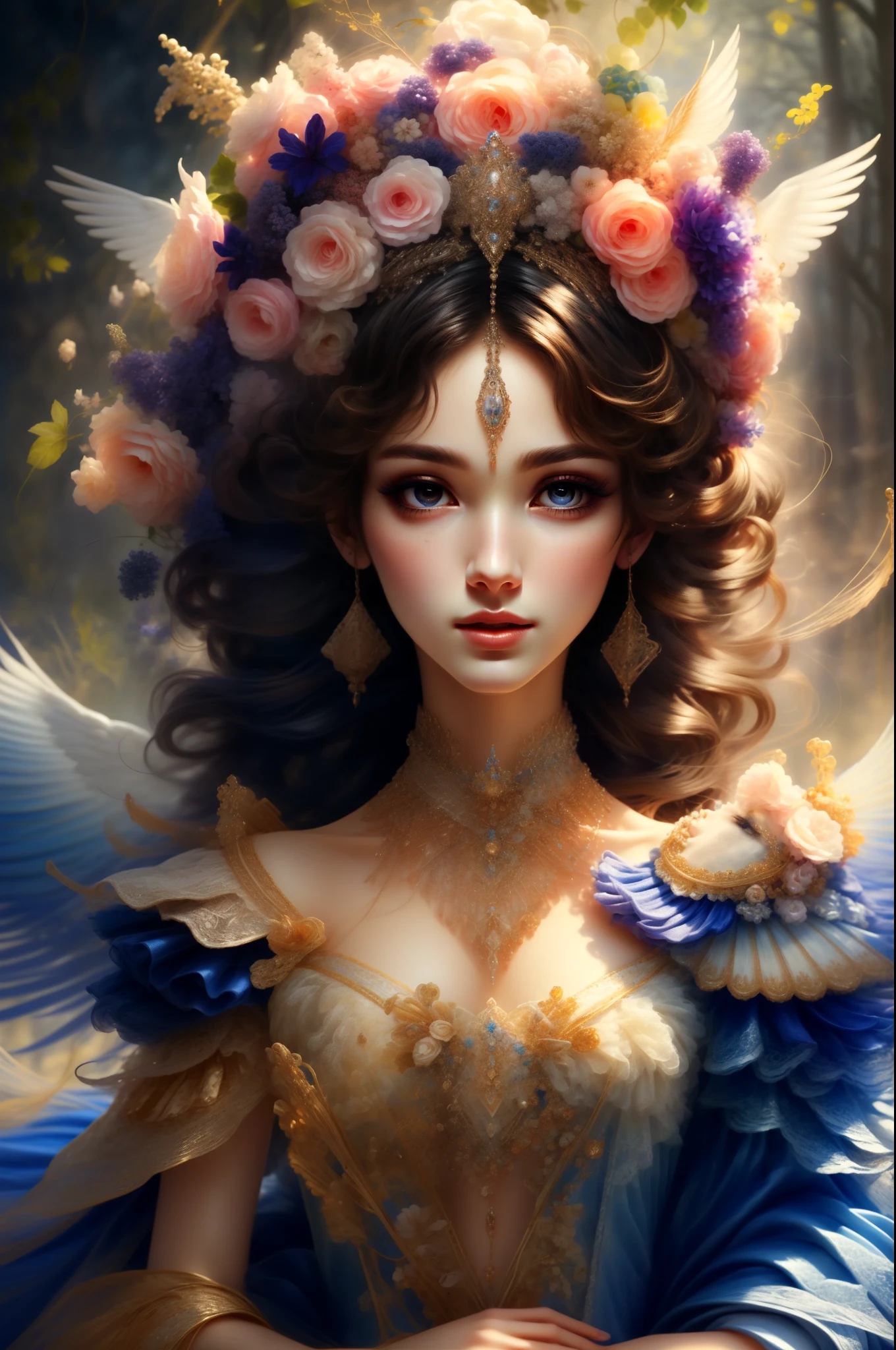 (1girl)，solo，Morgana Default，Big breasts，Eye Makeup，Purple Wings，(Perfect face shape:1.3)，Extremely detailed eyes，Colorful，The most detailed，Vibrant colors，High contrast，(1.4 times more realism)，(Reality)，(超Reality主义:1.2)，(Fractal Art:1.2), mole under eye, pov, atmospheric perspective, 8k, super detail, ccurate, best quality, UHD, masterpiece, anatomically correct, textured skin, super detail, best quality