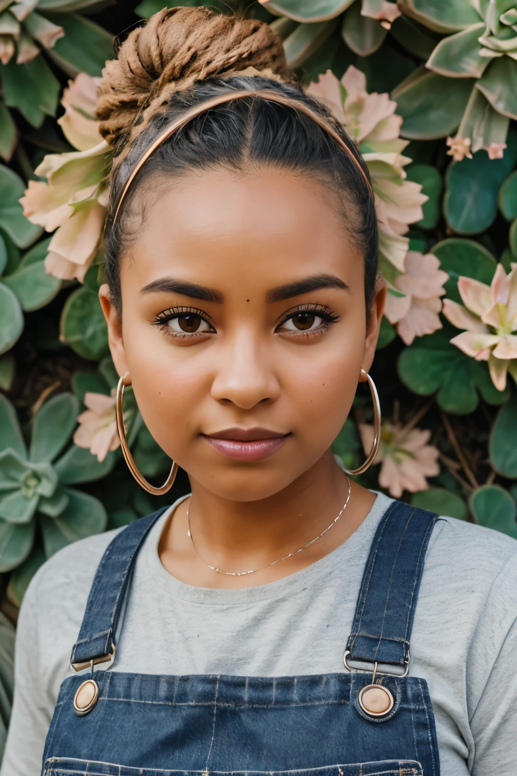 High resolution, 4k image quality, high detail, masterpiece, realistic skin, anatomically correct, sharp, ((flowering succulents, plants and flowers background)), ((dark skinned, mixed culture woman 28yo)), alone, ((face details)), wearing worn overalls, gardening gloves, blonde-amber hair in messy top bun, Curvy body type, eye contact, facing the center of the screen, blush cheeks, Close your mouth and look straight ahead, ((cowboy shot)),