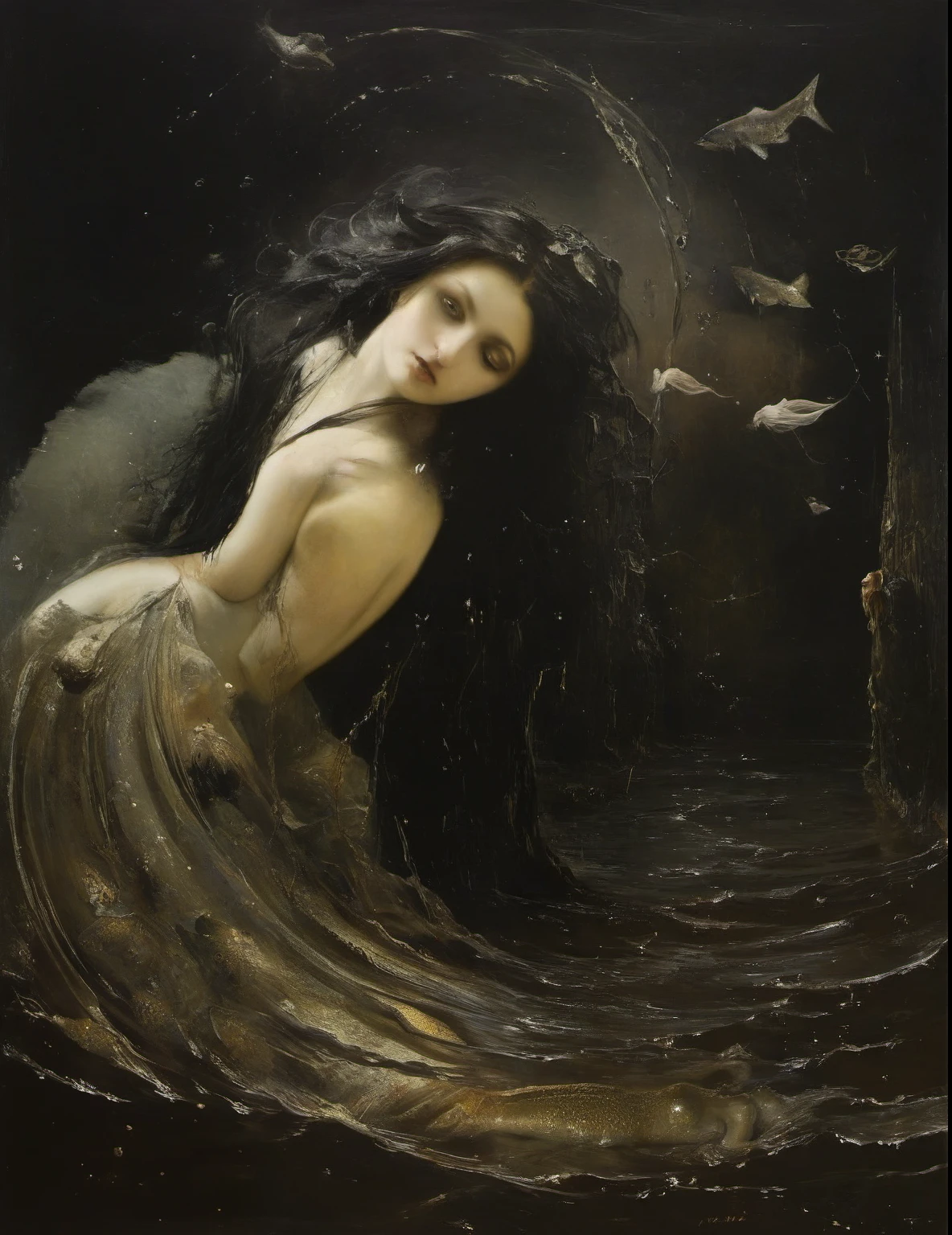 James Gurney, Surrealist art, dreamlike, mysterious, provocative, Symbolic, complex, detailed, (Gothic but very beautiful.:1.4), (masterpiece, top quality:1.4) , Nicola Samori style, Goddess-like mermaid
